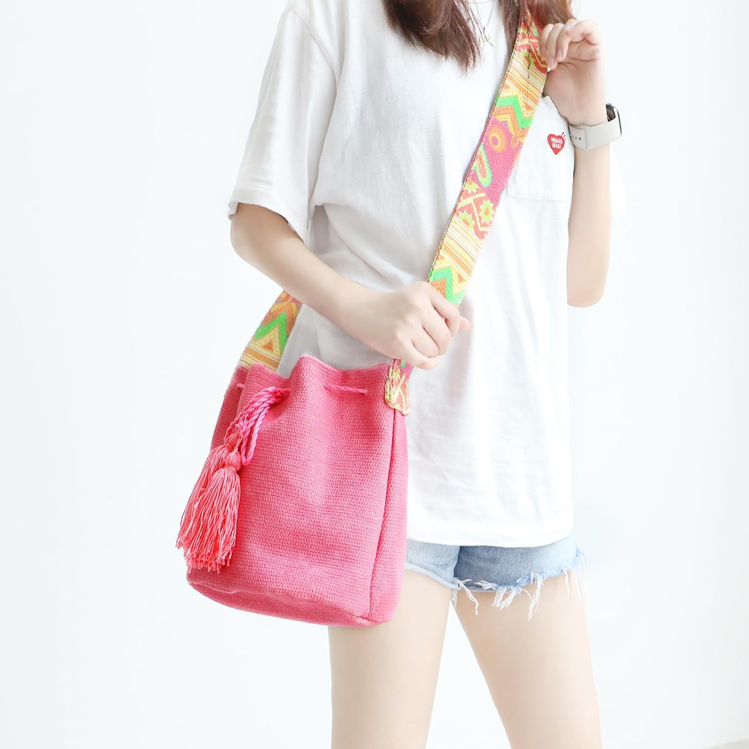 Canvas Pink Tote Bag, Crossbody Bags for Women, Bohemian Shoulder Straps, Large Capacity Travel Handbag for Vacation & Daily Use - Image 9