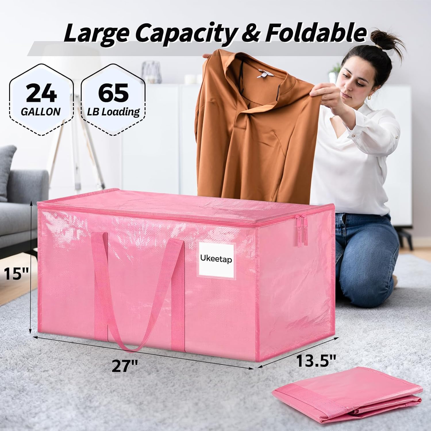 8 Pack Extra Large Heavy Duty Moving Bags, Pink Storage Bins with Lids, Reinforced Handles & Heavy-Duty Zippers Moving Boxes Storage Bags Totes for Clothes Packing, Dorms, College Supplies, Pink - Image 2