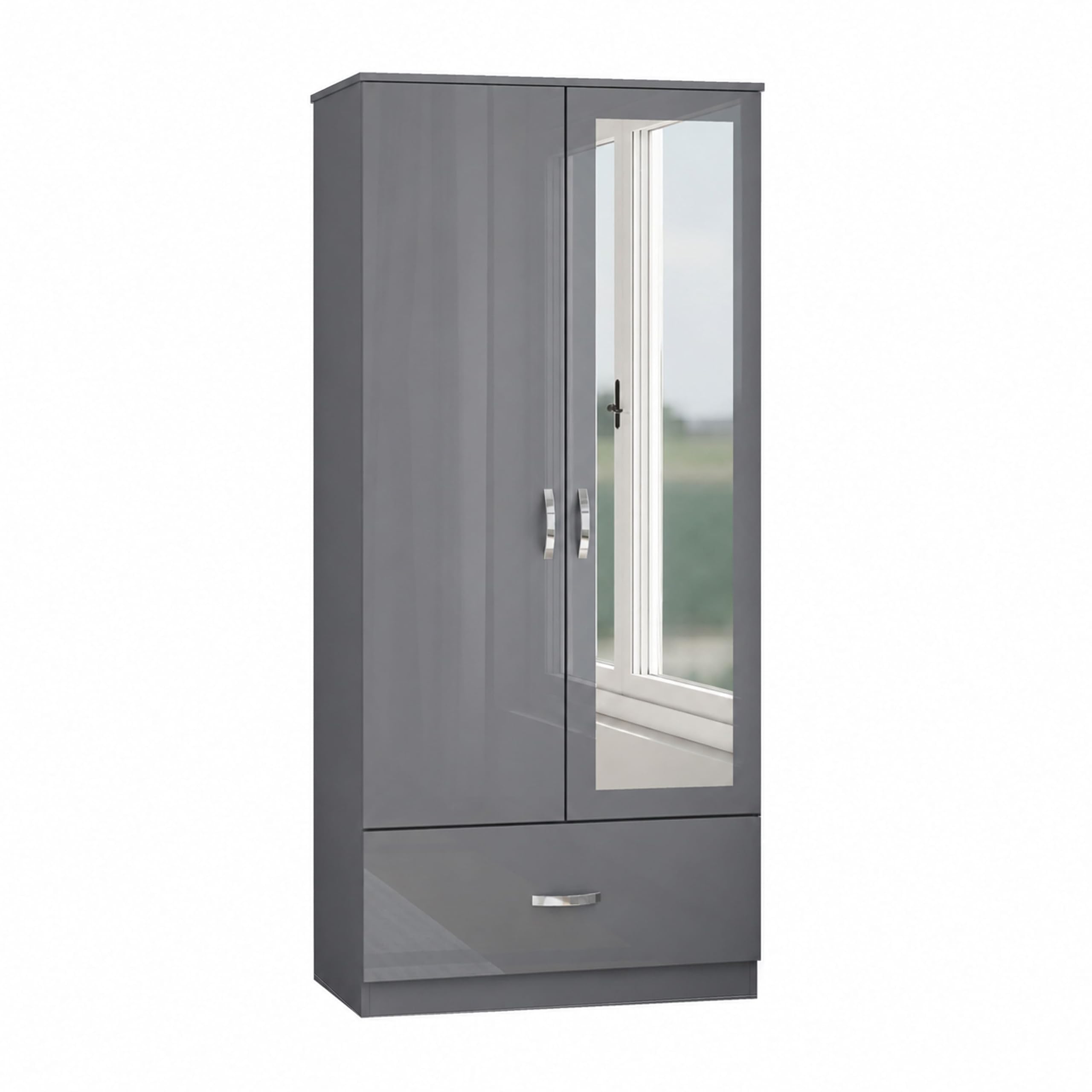 Nera High Gloss 2 Door Wardrobe with Drawers and Hanging Rail Slim Wardrobes for Small Bedrooms Storage (Mirrored 1 Drawer Grey Gloss (Matt Grey))
