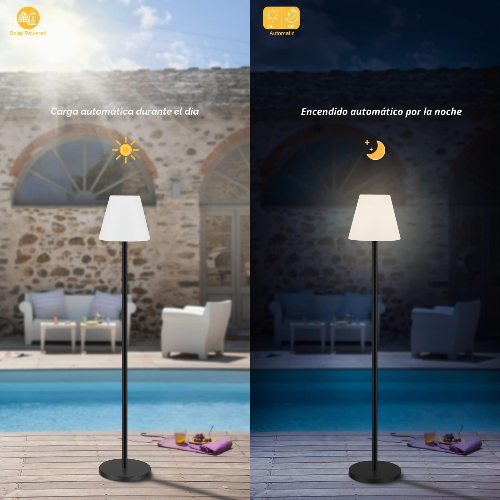 Lámpara de pie solar impermeable para interiores y exteriores, lámpara de pie inalámbrica recargable por USB con sensor de luz, lámparas solares LED regulables de brillo para patio, jardín y césped.
