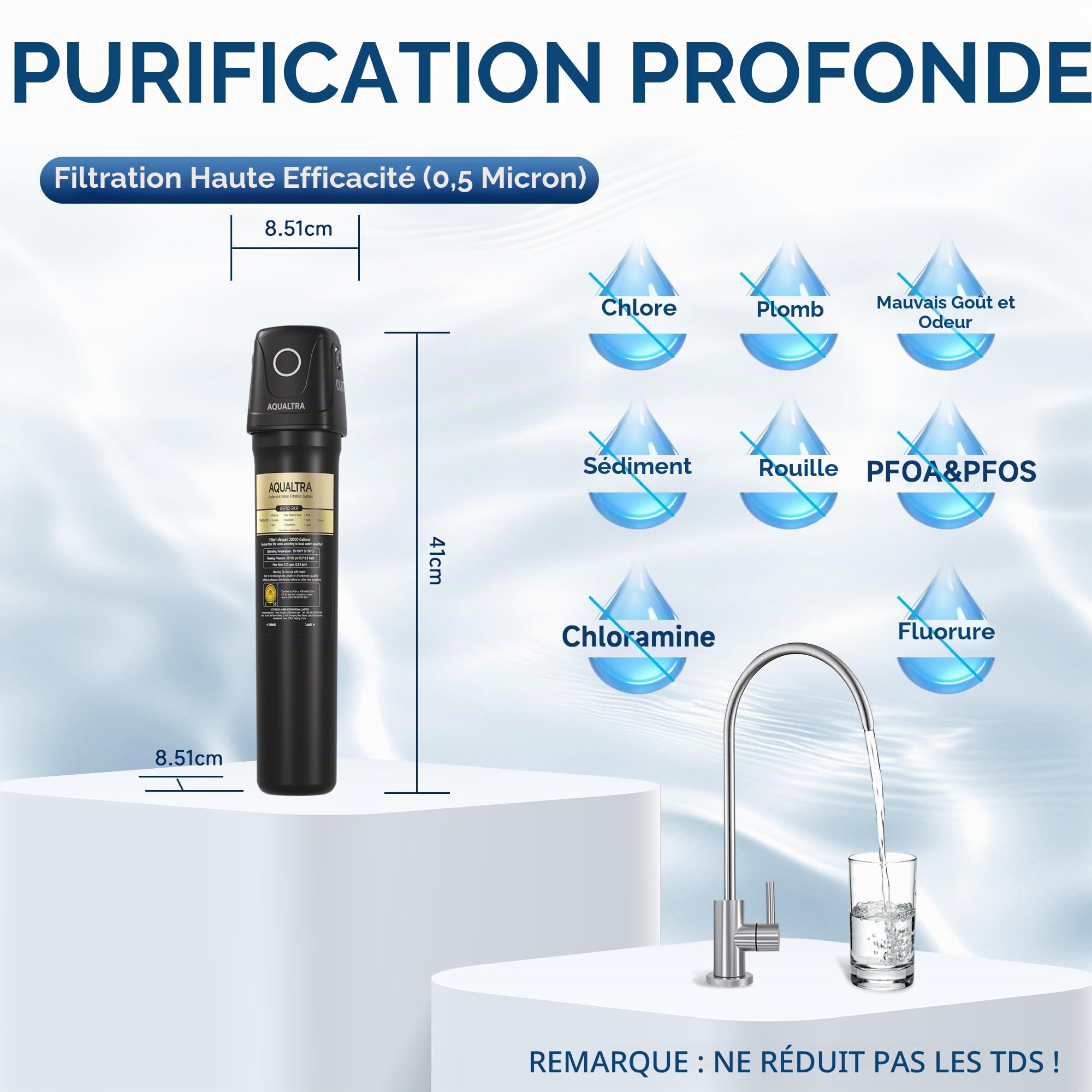 AQUALTRA USF02-BK Système sous évier, 75700L, certifié NSF/ANSI/CAN 372, réduit PFOA, PFOS, chlore, plomb, mercure, chloramine, fluorure, microplastiques, mauvais goût & odeur