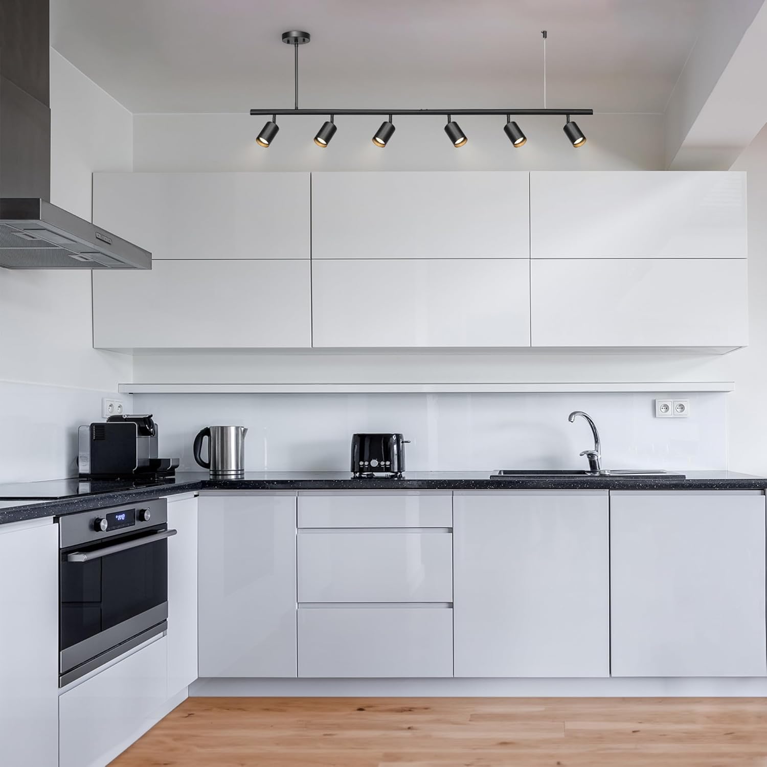 Globe Electric 64000123 55" 6-Light Adjustable Height Track Light, Matte Black, Pivoting Heads, GU10 Base Bulbs Not Included, Ceiling Light Fixture, Kitchen and Home Lighting Decor