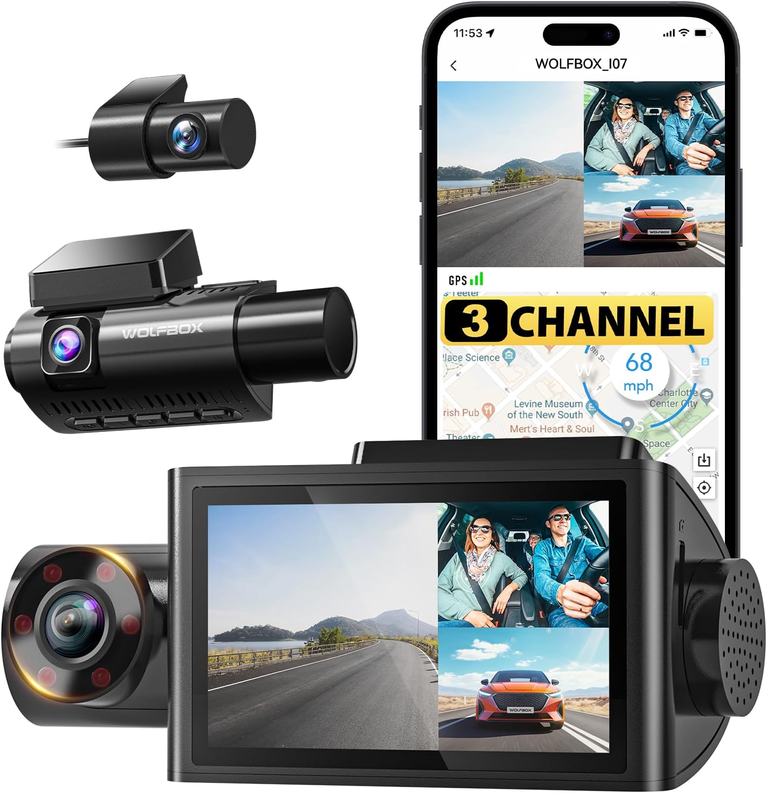 i07 3 Channel Dash Cam Built-in WiFi GPS, 4K Dash Camera Front and Inside, 1440P+1080P+1080P Triple Car Camera with 3" LCD Screen,IR Night Vision, 24H Parking Mode(Card Not Included)