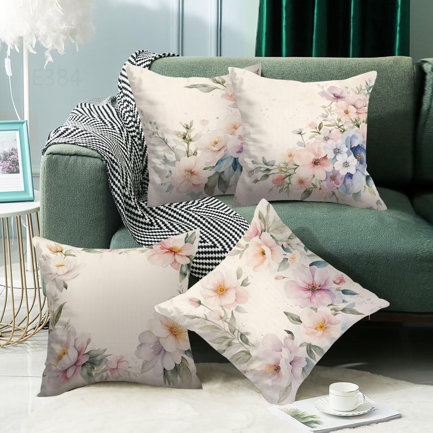Fiore Federe Cuscini Divano 60x60cm,4 Pack Moderno Estate Esterno Cuscini per Divano,Doppio Lato Quadrato Morbido Cuscini Divano,per Divano Soggiorno Sedia Autunno Dekoration Cuscino,Regali LY-384