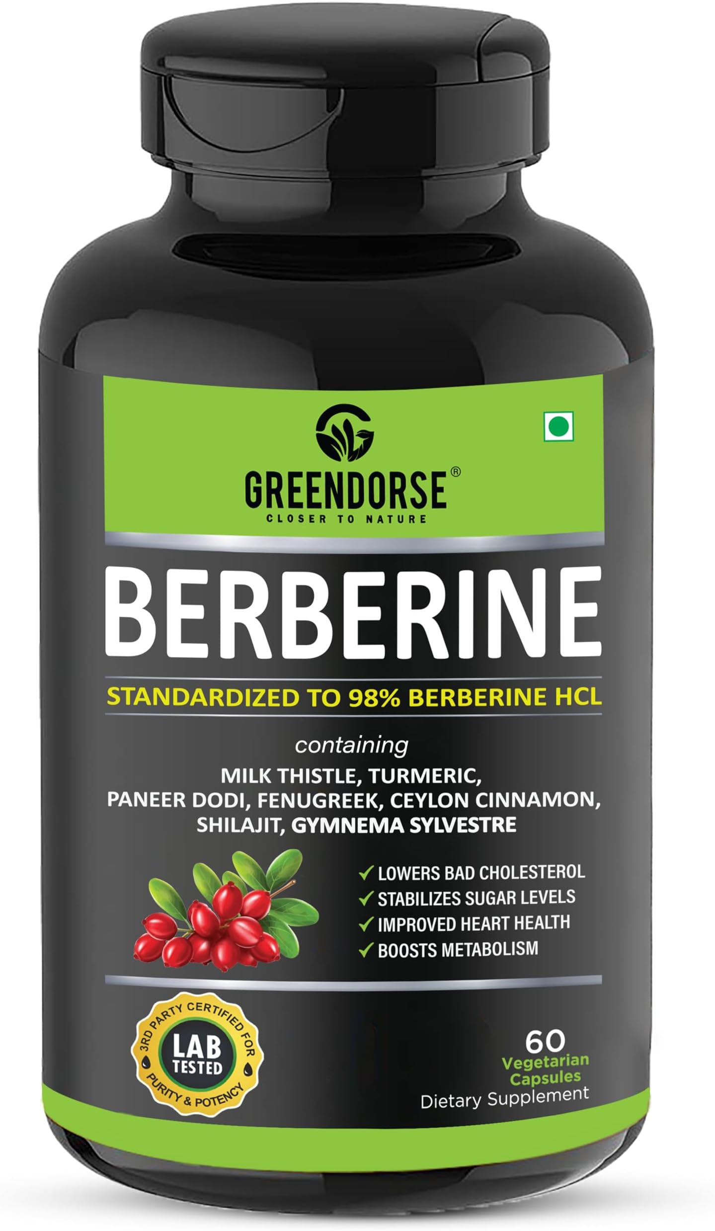 GREENDORSE Berberine HCl 98% - 8 IN 1 GDA Formulation- With Milk Thistle, Gymnema Slyvestre, Ceylon Cinnamon, Indian Rennet (Paneer Dodi), Turmeric, Shilajit, Fenugreek etc | Support Blood Sugar, Liver, Lower Cholesterol, PCOS supplement- 60 Veg Capsules