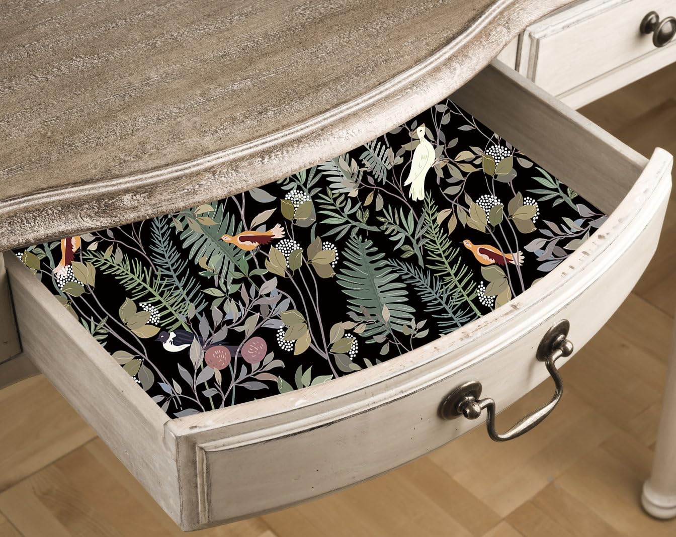 Self Adhesive Shelf Liner Kitchen Pantry Drawer Liner Black Bird Botanical