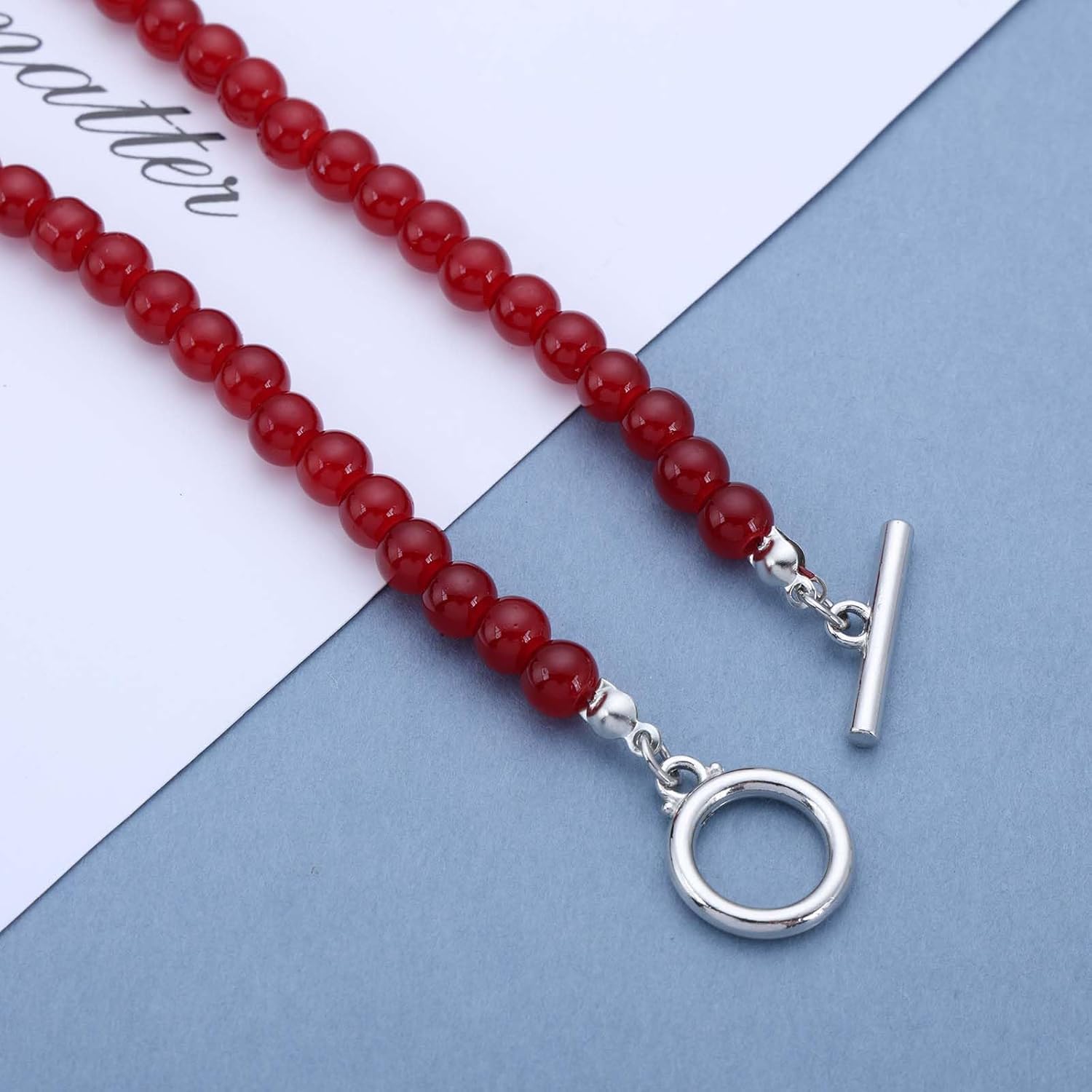 Bohemian Teardrop Pearl Choker Necklace Red Acrylic Bead Collar Necklace Pearl T Bar Chain Necklace Round Red Beaded Necklace Jewelry for Women - Image 6