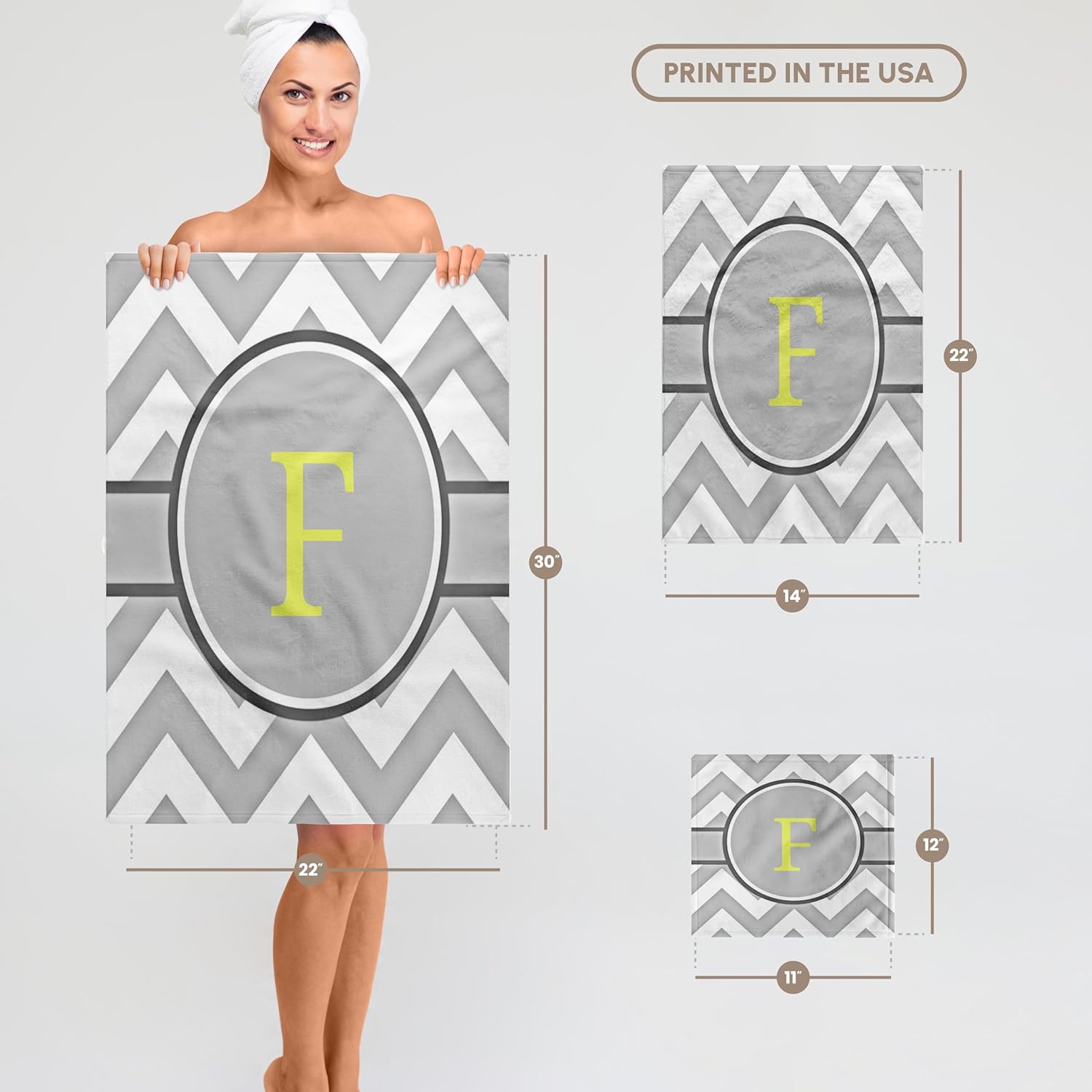3dRose Grey and White Chevron with Yellow Monogram Initial F 22x30 Bath Hand Pool Towel