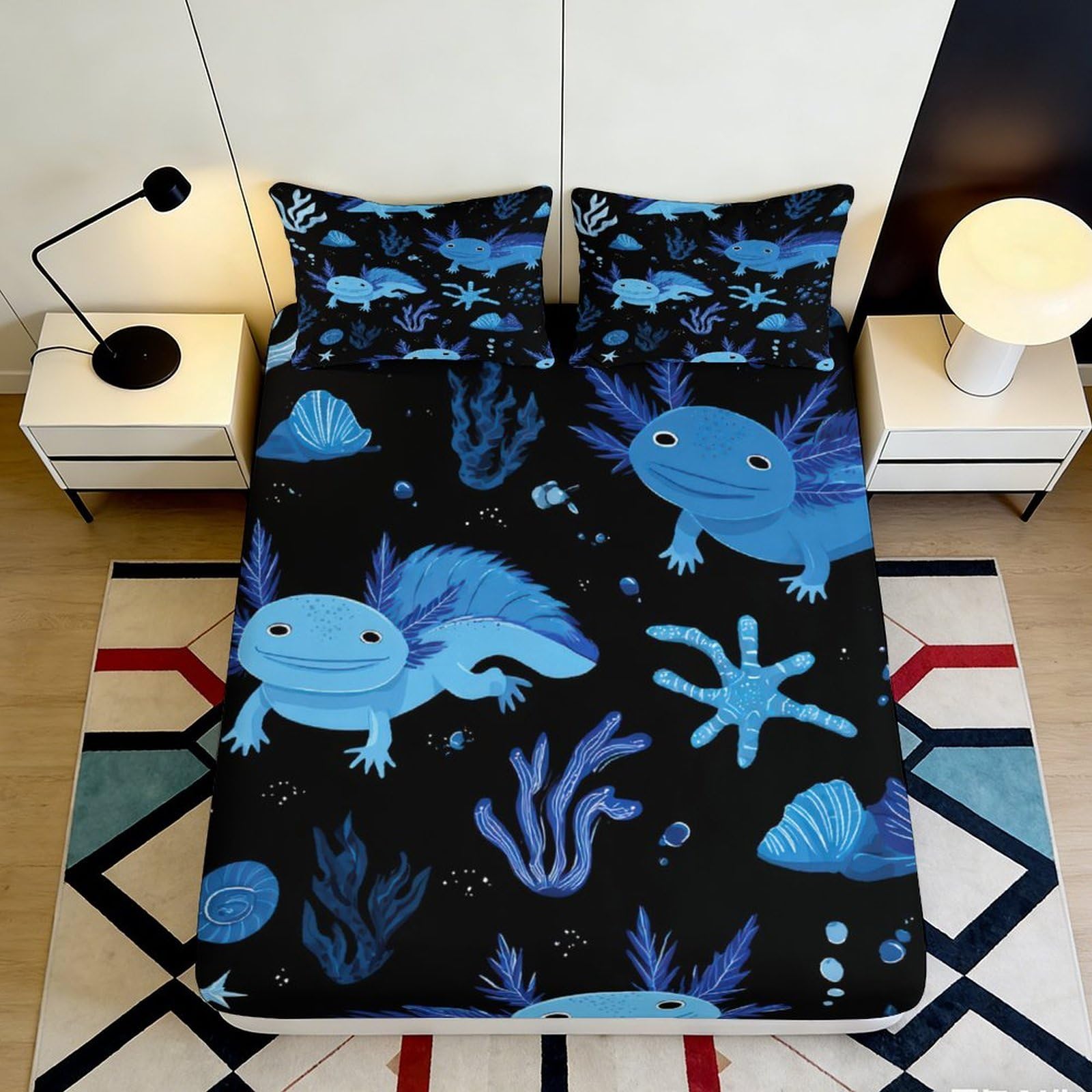 3D Printed Blue Axolotl Fitted Sheet Microfiber Soft Breathable Underwater Creatures Mattress Cover for Bedroom Dormitory Guest Room Mattress Protection 180x200x25cm