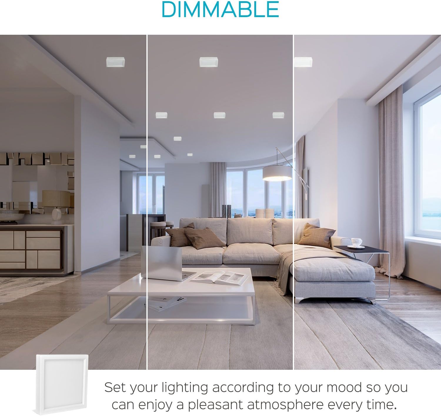Image demonstrating the dimmable feature of the LUXRITE LED ceiling light in a living room setting.