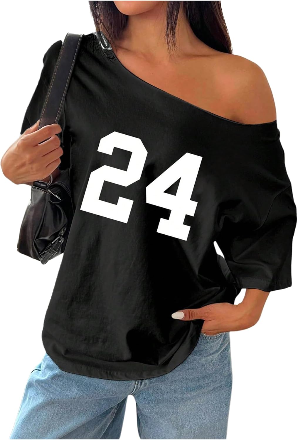 SOLY HUX Women's Off The Shoulder Tops Graphic Tees Jersey Shirts Number Print Baggy Oversized T Shirts