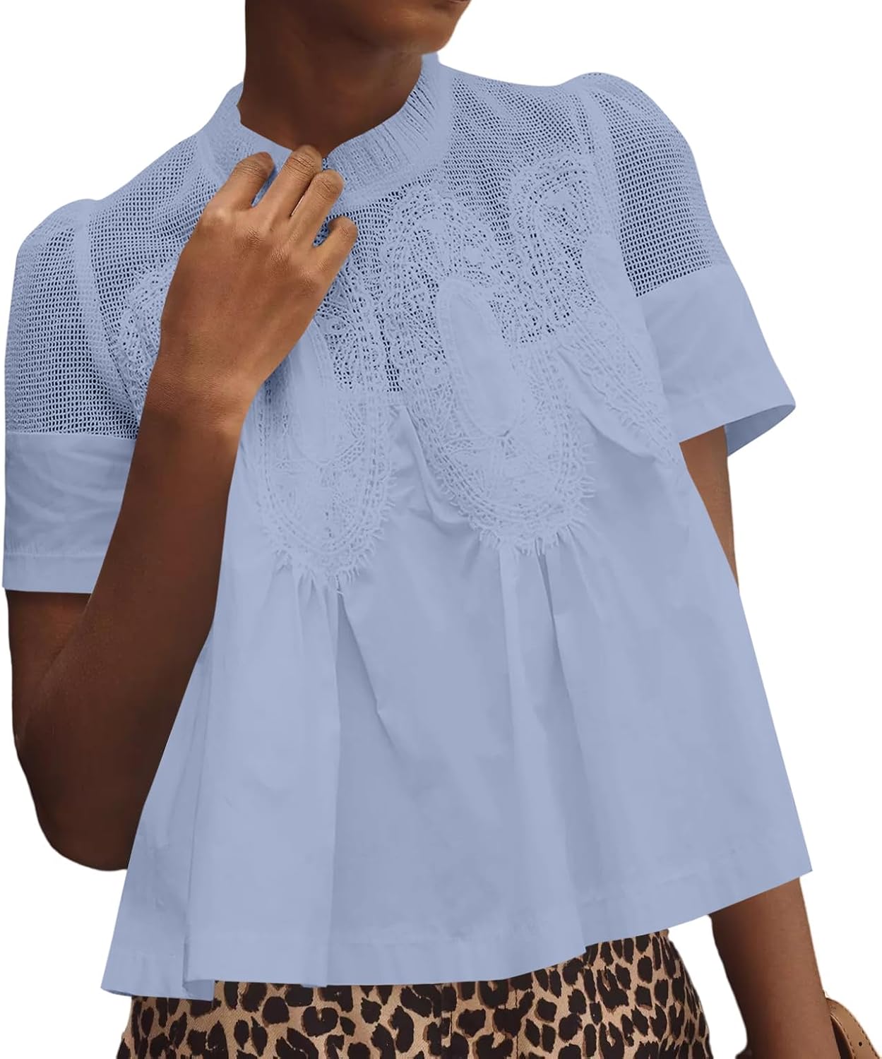 Women’s Lace Flared Short Sleeve Blouse Lace Poplin Ruffle Mesh Crew Neck Swing Babydoll Tops Elegant Loose Shirts