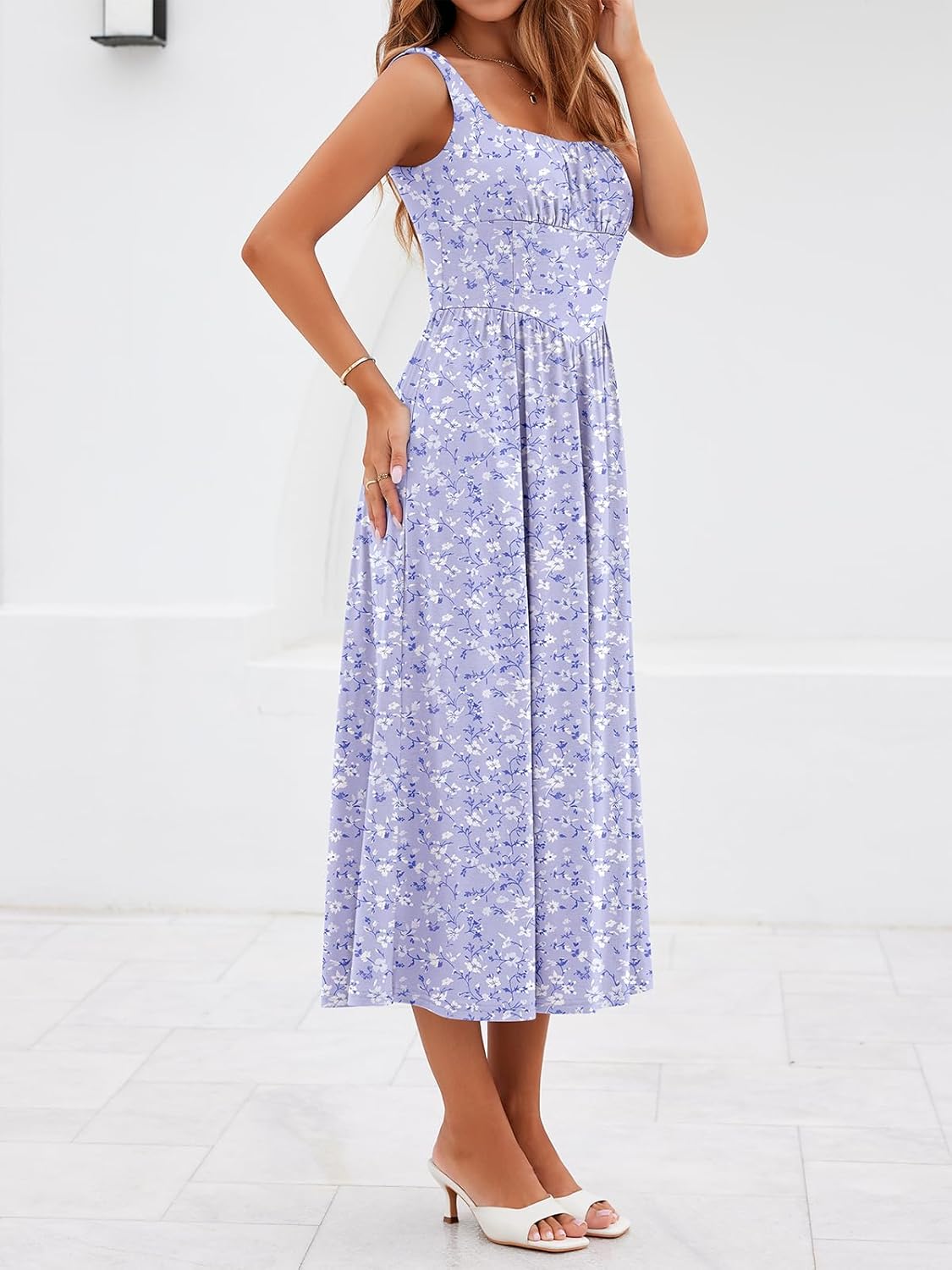 Womens Casual Summer Dress with Pockets | Sleeveless Square Neck Flowy A-Line Midi Sundress for Beach & Wedding Guest