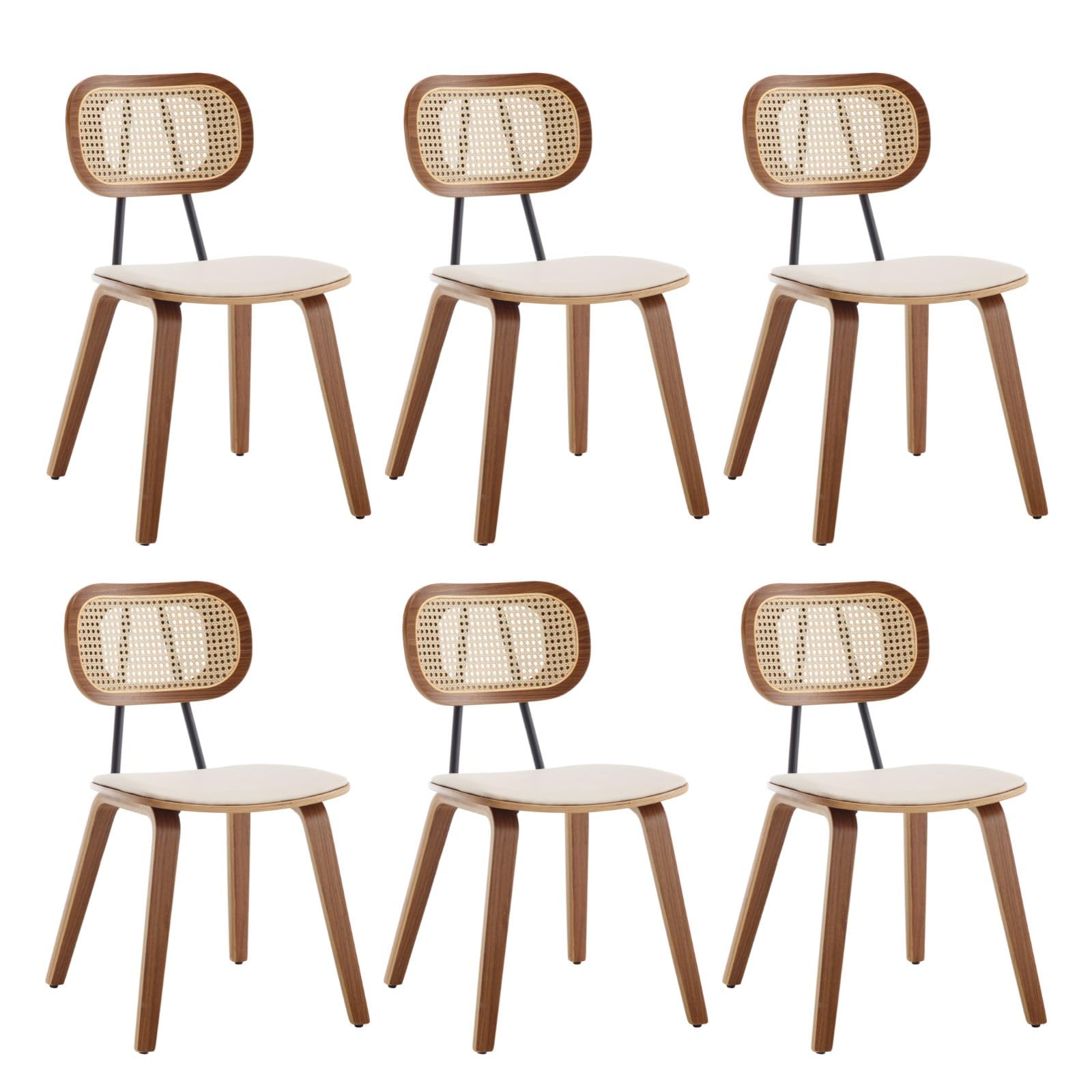HEAH-YO Modern Dining Chairs Set of 6, Upholstered Faux Leather Dining Room Chairs with Rattan Backrest and Wood Legs, Armless Kitchen Chairs for