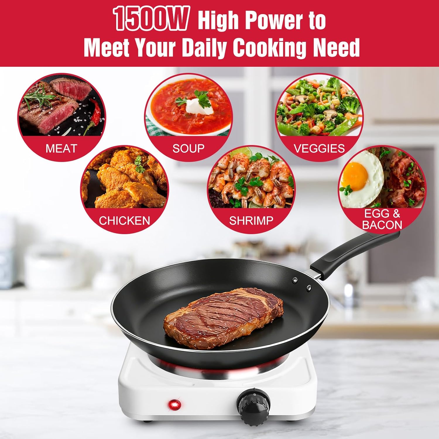 Electric Countertop Burner, 1500W Cooktop with Cast Iron Hot Plate, 5 Level Temperature Control, Easy to Clean, Indicator Lights, Cooking Stove for Office Home Camping RV (White)