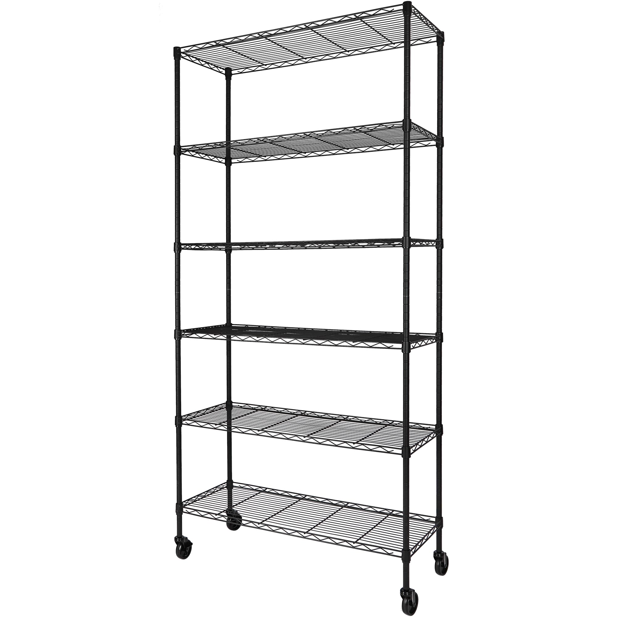 6-shelf adjustable heavy duty storage shelving unit, metal organizer wire rack for laundry bathroom kitchen pantry closet with wheels, black