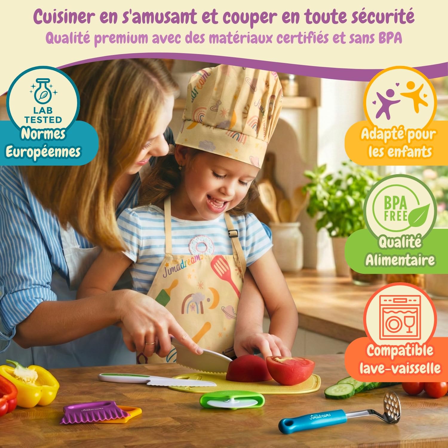 Kit Couteau Cuisine Enfant Montessori avec Tablier et Toque Ajustables - Ustensiles de Cuisine Enfant sans BPA, Set Couteaux Sécurisés, Kit Patisserie, Coffret Cadeau Petit Chef dès 3 Ans
