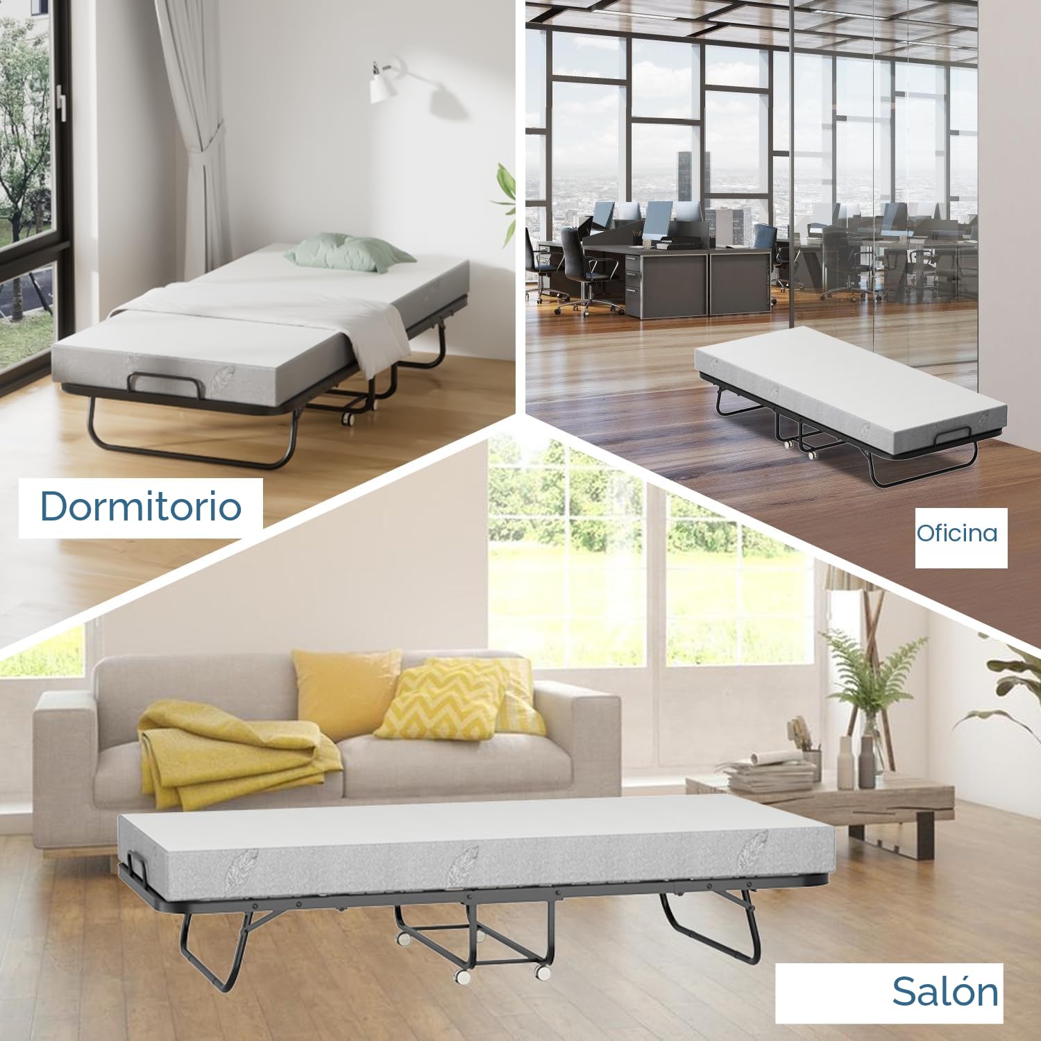 Daromigo Cama plegable de 90 x 200 cm, colchón 13 cm, individual metálica 4 ruedas, 150 kg, dormitorio/salón