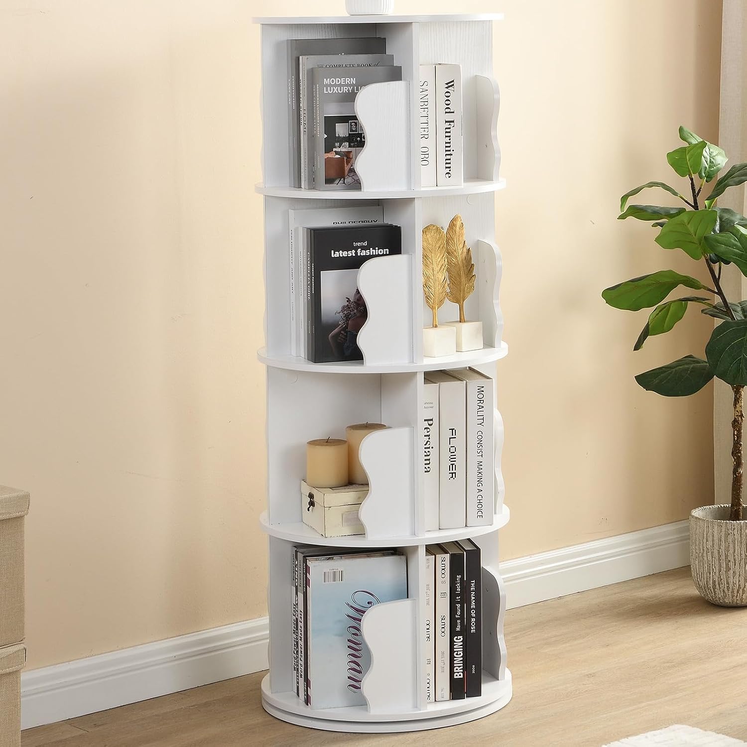 HRVEOCEI 4 Tier Rotating Bookshelf Tower, Round Spinning Bookshelf Tower with Baffle, 360° Wood Revolving Bookcase for Kids & Adults, Vertical Rotate Turning Spiral Corner Organizer (White 4 Tier)
