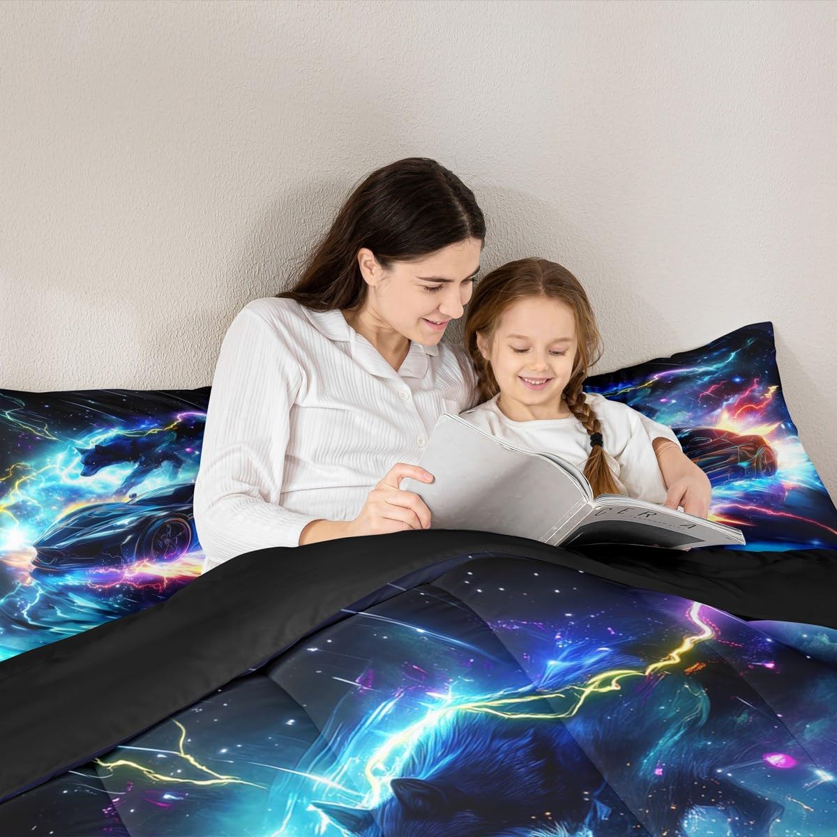 Kids Boys Sports Comforter Set - Black Blue Wolf Race Car Comforter for Kids Teens Room Decor - Lightning Extreme Sports Game Theme Bedding Set - Cool Speed Luxury Cars Quilt Set-All Season,Full Size