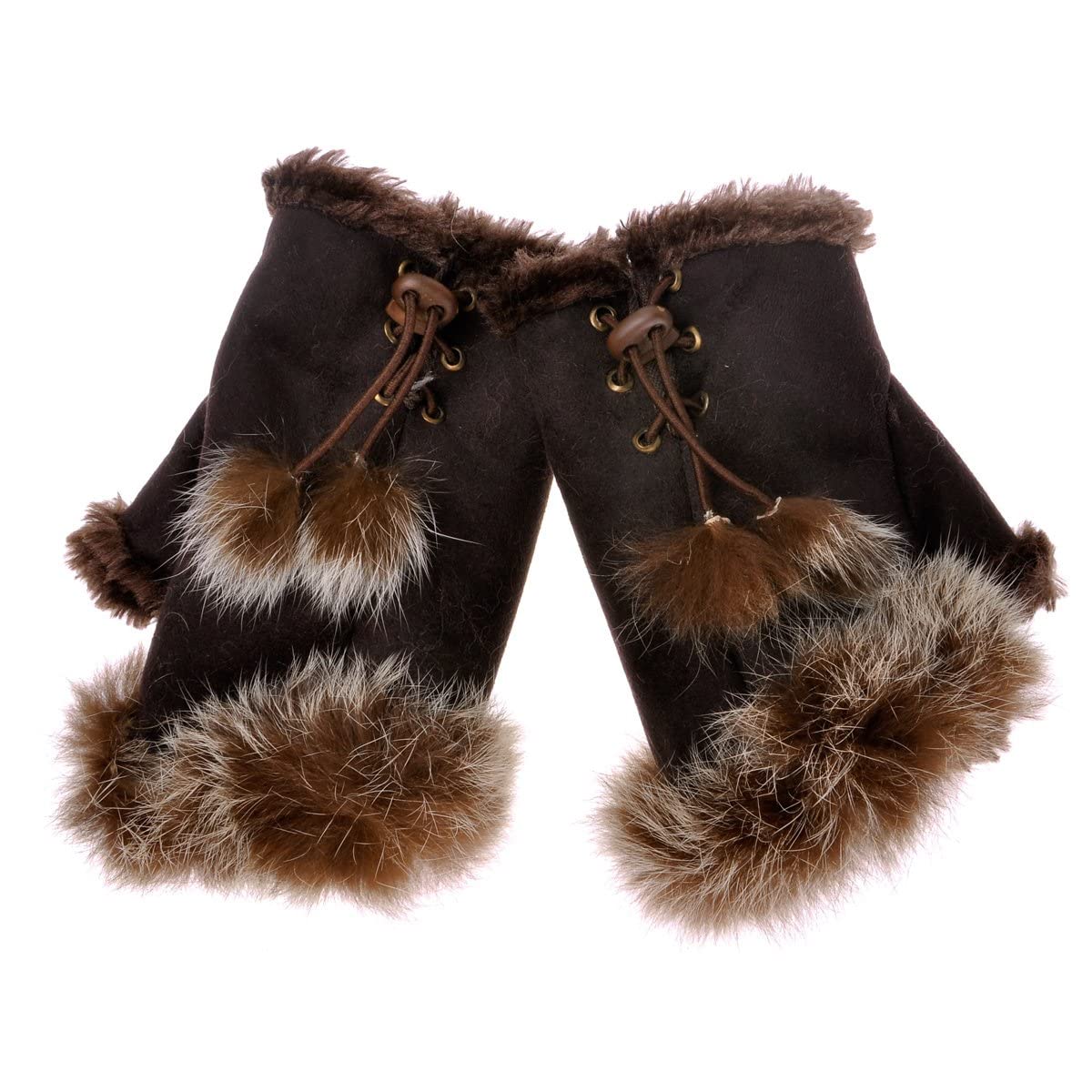 ZLYC Women Winter Faux Fur Half Finger Gloves Girls Warm Fingerless Mittens (Brown),M