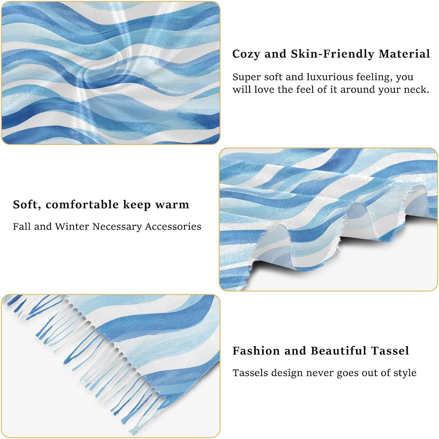 Winter Scarf for Women Watercolor Blue Sea Wave Fashion Tassel Shawl Wraps for Women, Cold Weather Warm Womens Scarves Soft Long Scarf Gifts