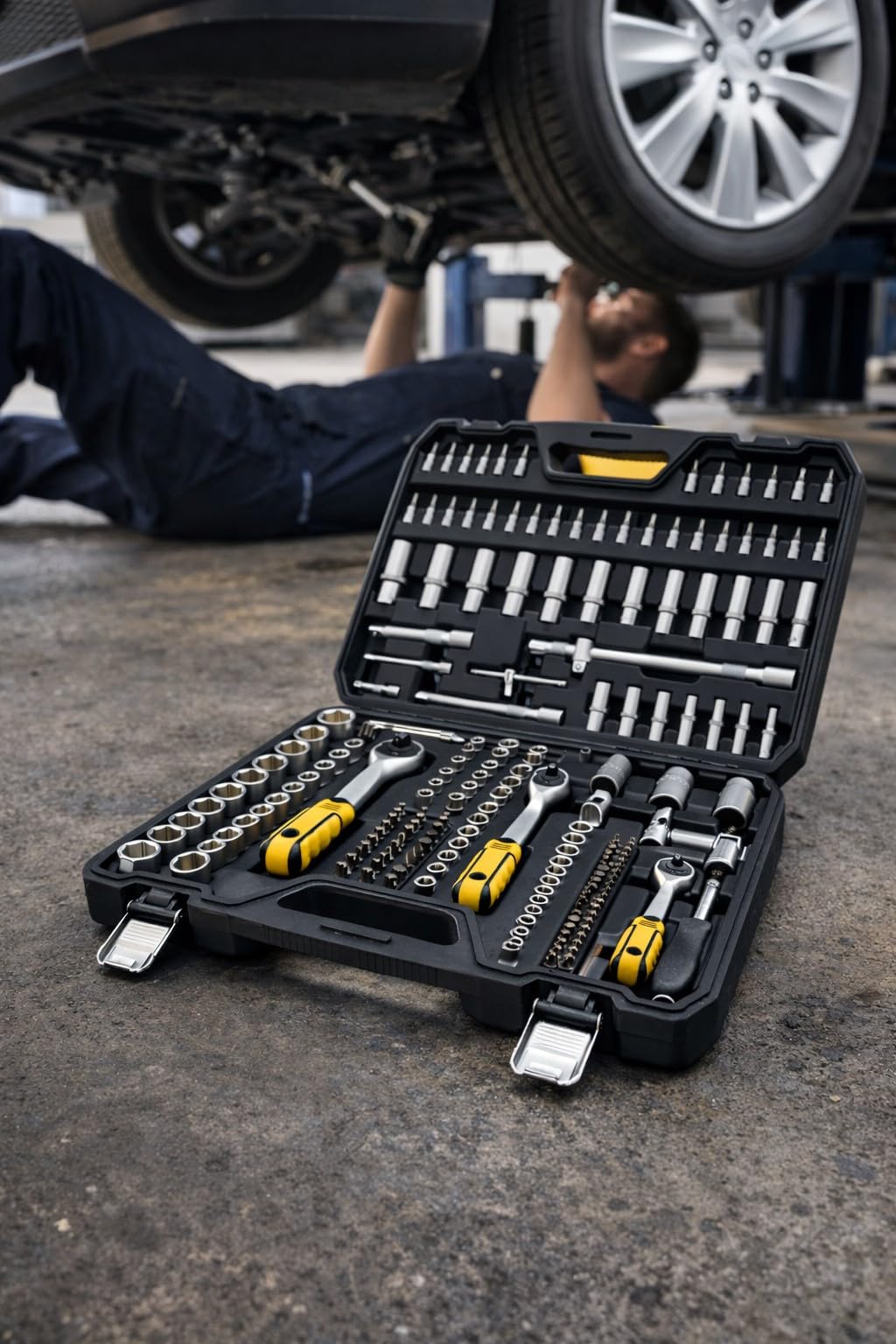 Valigetta Attrezzi 202 Pezzi Chiavi a Bussola con Cricchetto 1/4" 3/8" 1/2" Acciaio Cr-V Professionale Set Bussole Completo con inserti Torx, Prolunghe e Accessori Kit Utensili Meccanico per Auto