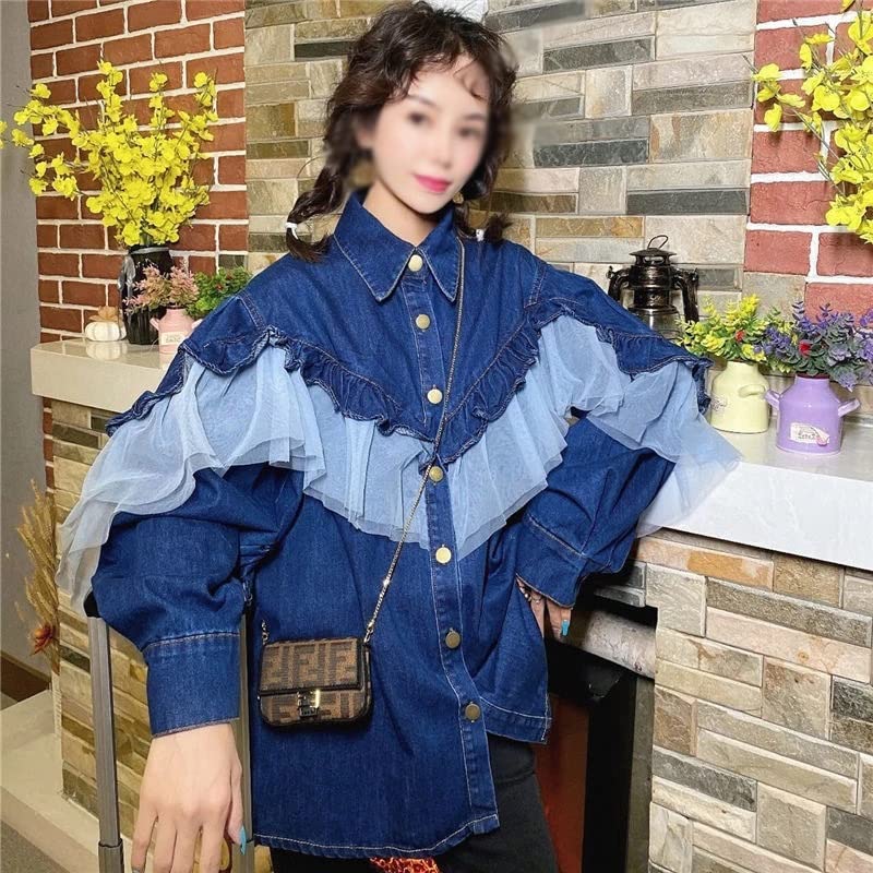 Image of Lace Ruffle Patchwork Jeans Blouse Causal Long Sleeve Woman Cowboy Demin Shirts(L Code)