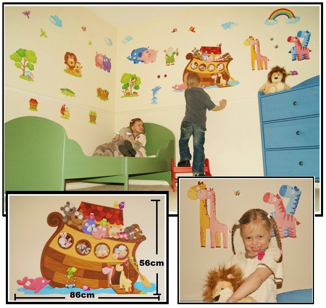 E-Baby-Store Men's Clear Giant Noahs Noah’s Ark, Jungle Animal Wall, Furniture Stickers For Nursery, Childrens, Childs, Baby, Kids, Boys, Girls Bedroom, Playroom. Decals, Stickarounds, Murals, Wallpaper, Adhesives. Room Makeover Kit.