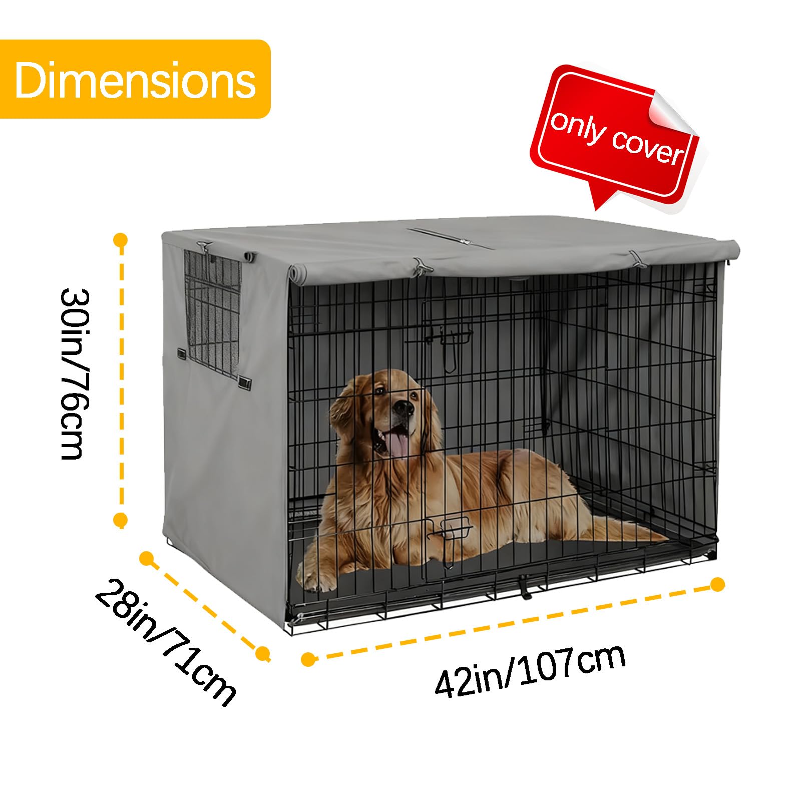 Copertura per gabbia per cani copertura per gabbia per cani con tende a rullo tessuto Oxford resistente 600D tutti i lati aperti solo copertura,Grigio,107×71×76cm