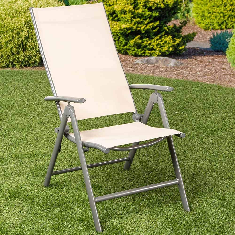 BAKAJI Set 2 Sedie Pieghevoli Struttura in Alluminio Schienale Reclinabile con Braccioli e Rivestimento Texilene per Campeggio Spiaggia Giardino (Beige)