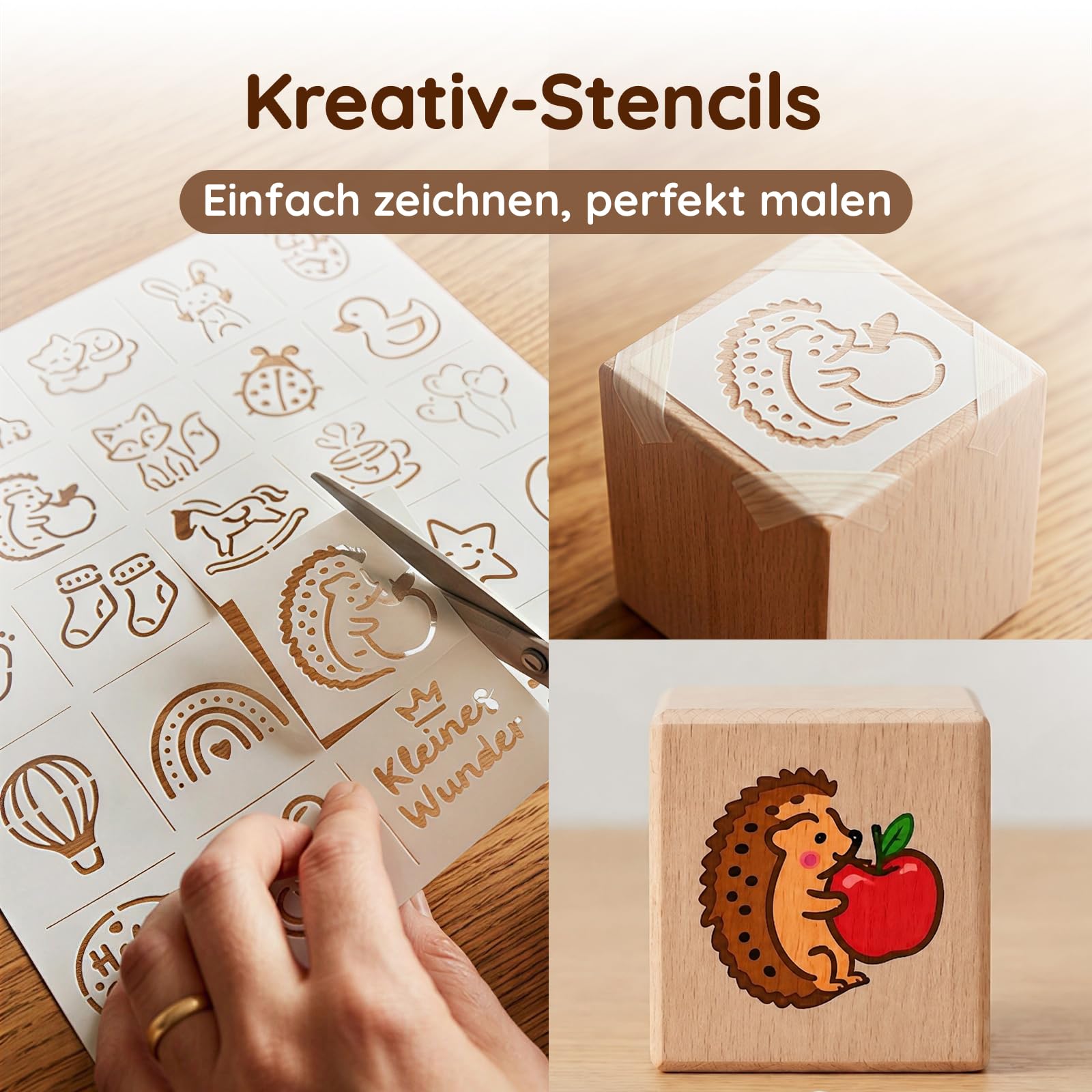 Babyparty Spiele DIY Buchen-Bausteine | 48 Holzbausteine, 24 Acrylmarker, 1 Holzbox, 105 Schablonen, 1 Poster & Halter (Naturholz | verschiedene Sonderformen)