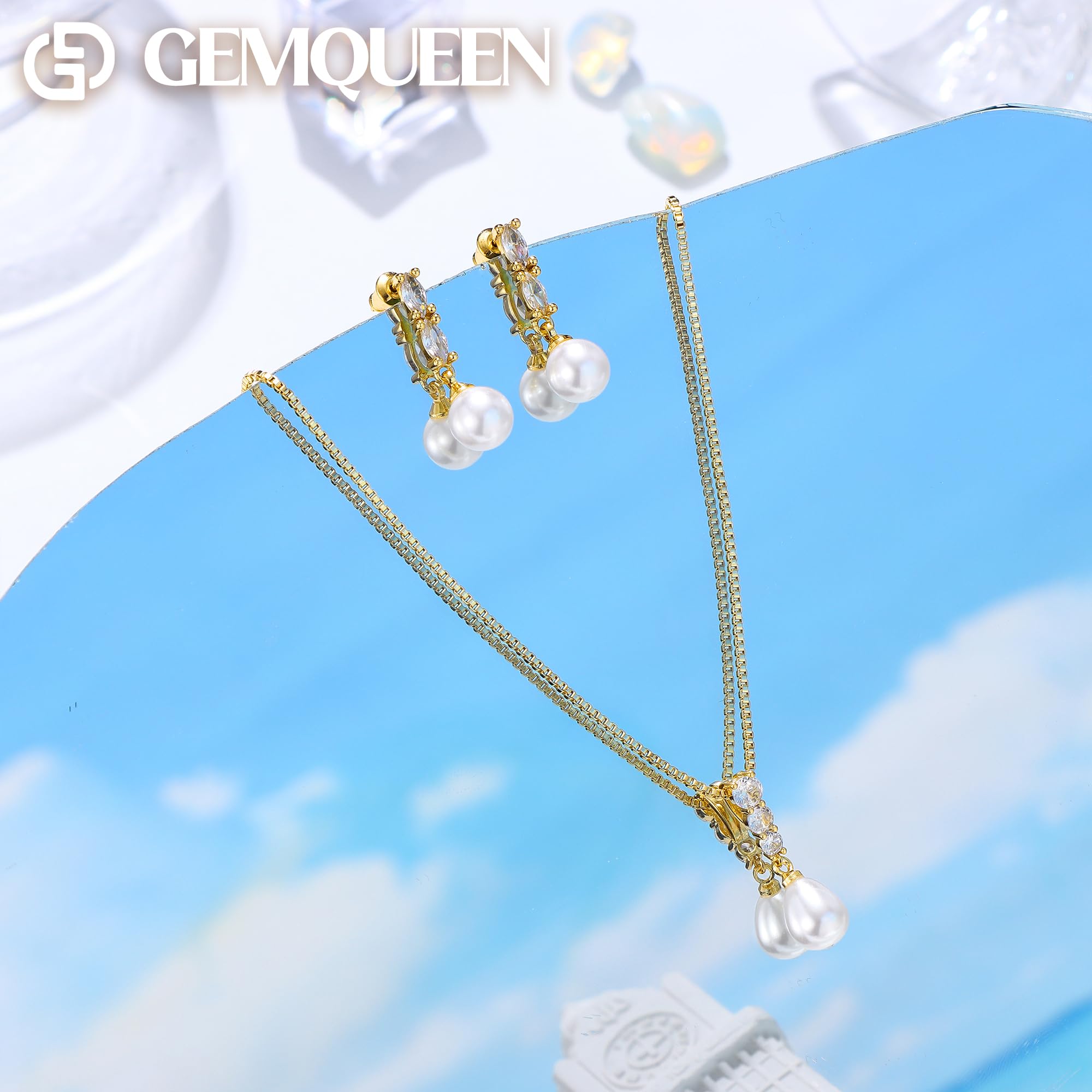 14K Gold Plated Pearl Jewelry Set for Women - 925 Sterling Silver Post Dangle Earrings Dainty Pearl Necklace Bracelet Wedding Jewelry Sets for Bride Bridesmaid CZ Costume Accessories Trendy