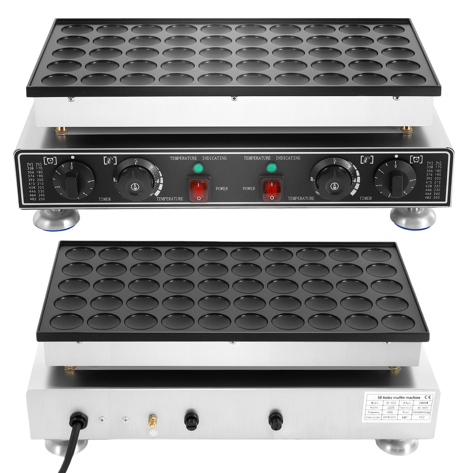 Máquina de hacer muffin profesional, 50 agujeros, 1800 W, gofrera eléctrica con 220 V y regulador de temperatura (50-300 °C), para cafés, aperitivos, revestimiento antiadherente, 9,98 kg