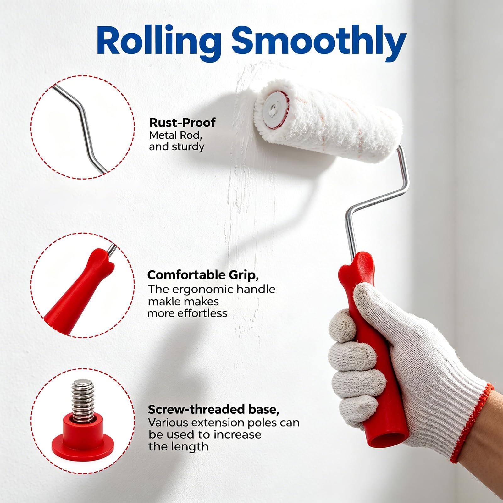 Rodillo de pintura de lana de alta densidad con asas ergonómicas, herramienta de pintura para pintar paredes, armarios, puertas, muebles, molduras, rodillo portátil con mango