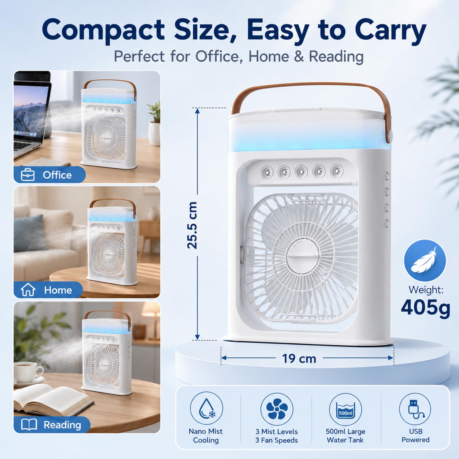 Przenośny mini klimatyzator 4 w 1, chłodnica powietrza 500 ml, przenośna klimatyzacja, chłodnica powietrza, wentylator USB, 3 prędkości, 3 tryby mgły, 7 kolorowych świateł, 1-3 h timer