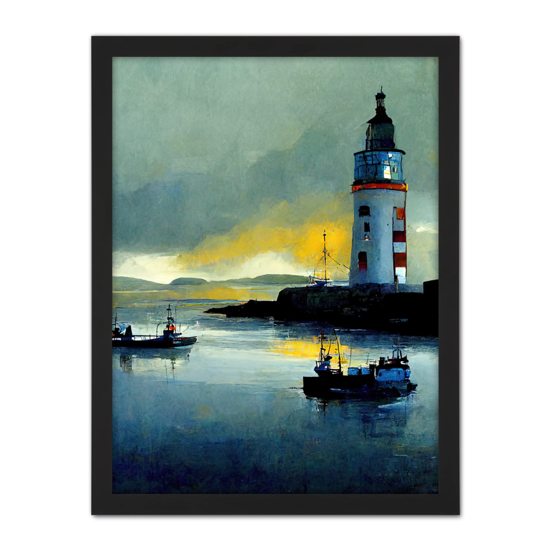 Doppelganger33 LTD Scottish Harbour Fishing Boats Lighthouse Modern Artwork Framed Wall Art Print 18X24 Inch