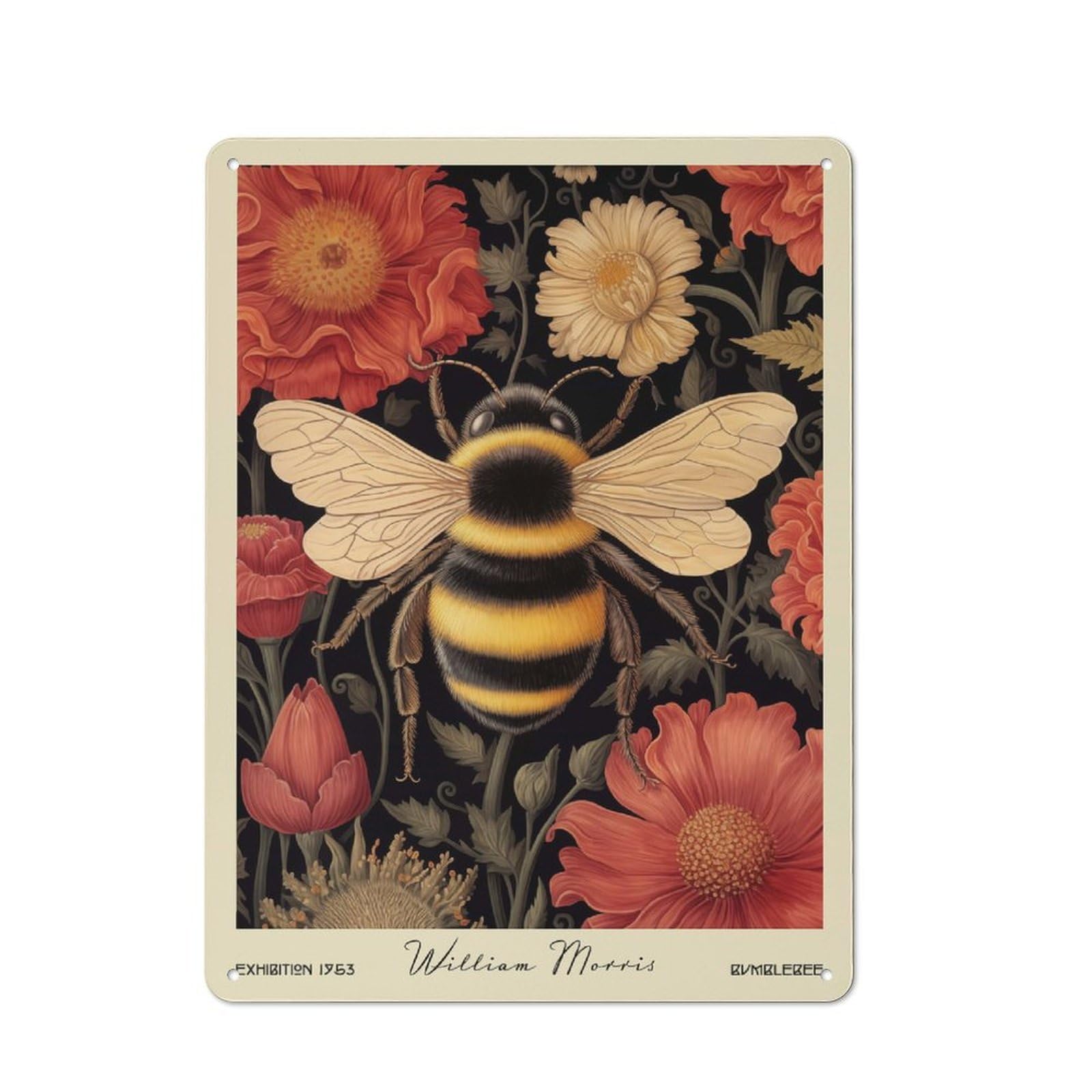 Junmoney Style-3 Workshop Style Bumblebee William Morris Floral Decorative Metal Plaque 40X30cm, Workshop Wall Decor For Garage, Hobby Room, Office Or Man Cave