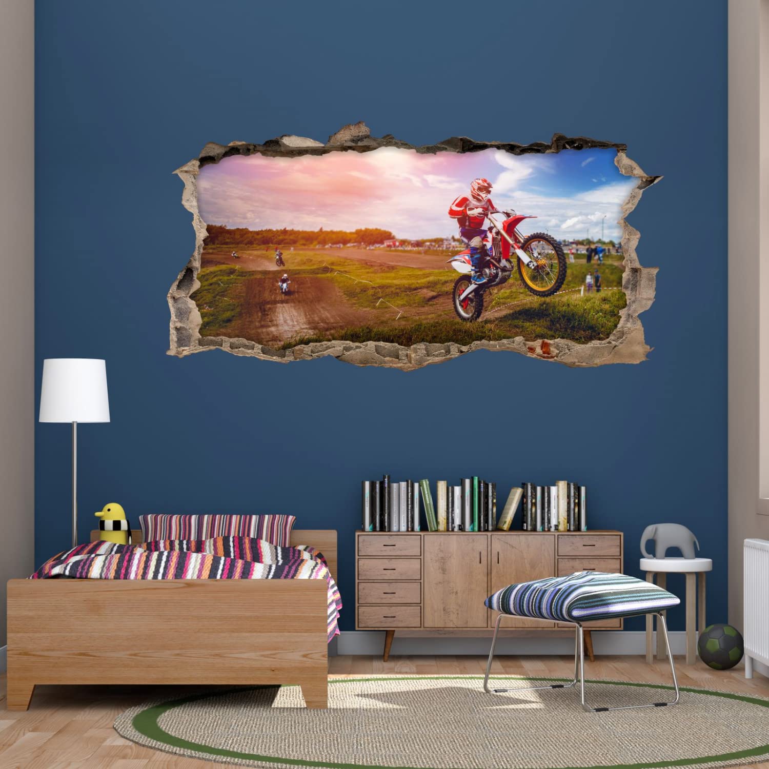 220 Wandtattoo Motocross - Loch in der Wand - Größe 2000 x 1000 mm - in 6 Größen - Kinderzimmer Sticker Wandaufkleber Wanddeko Wandbild