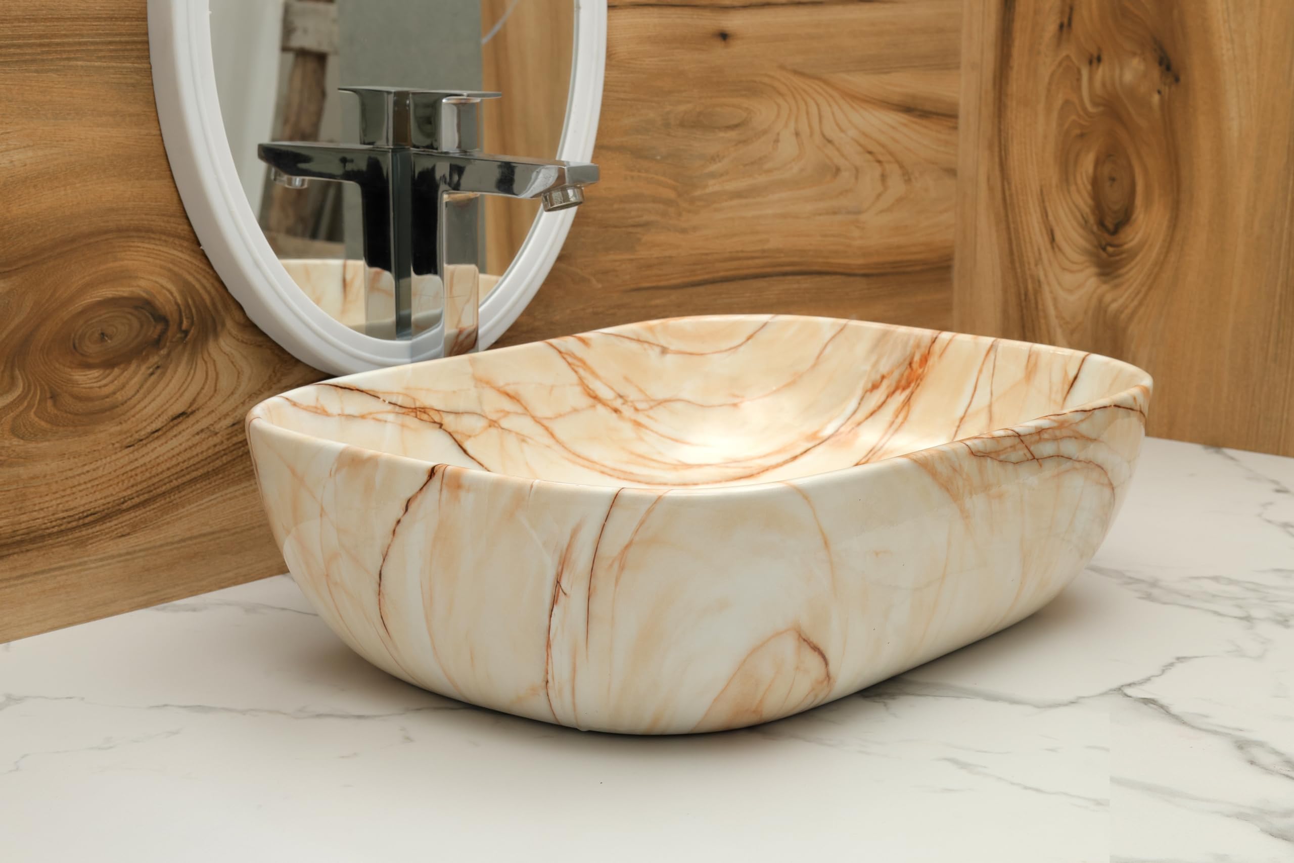 KEATON Designer Ceramic Table Top Vessel Sink Wash Basin For Bathroom | Countertop Bathroom Sink | Over Counter Wash Basin For Living Room, Restaurants (18 x 13 x 5.5 Inch) (Marble Design 15) (B0CVF41Y9F) Amazon Price History, Amazon Price Tracker