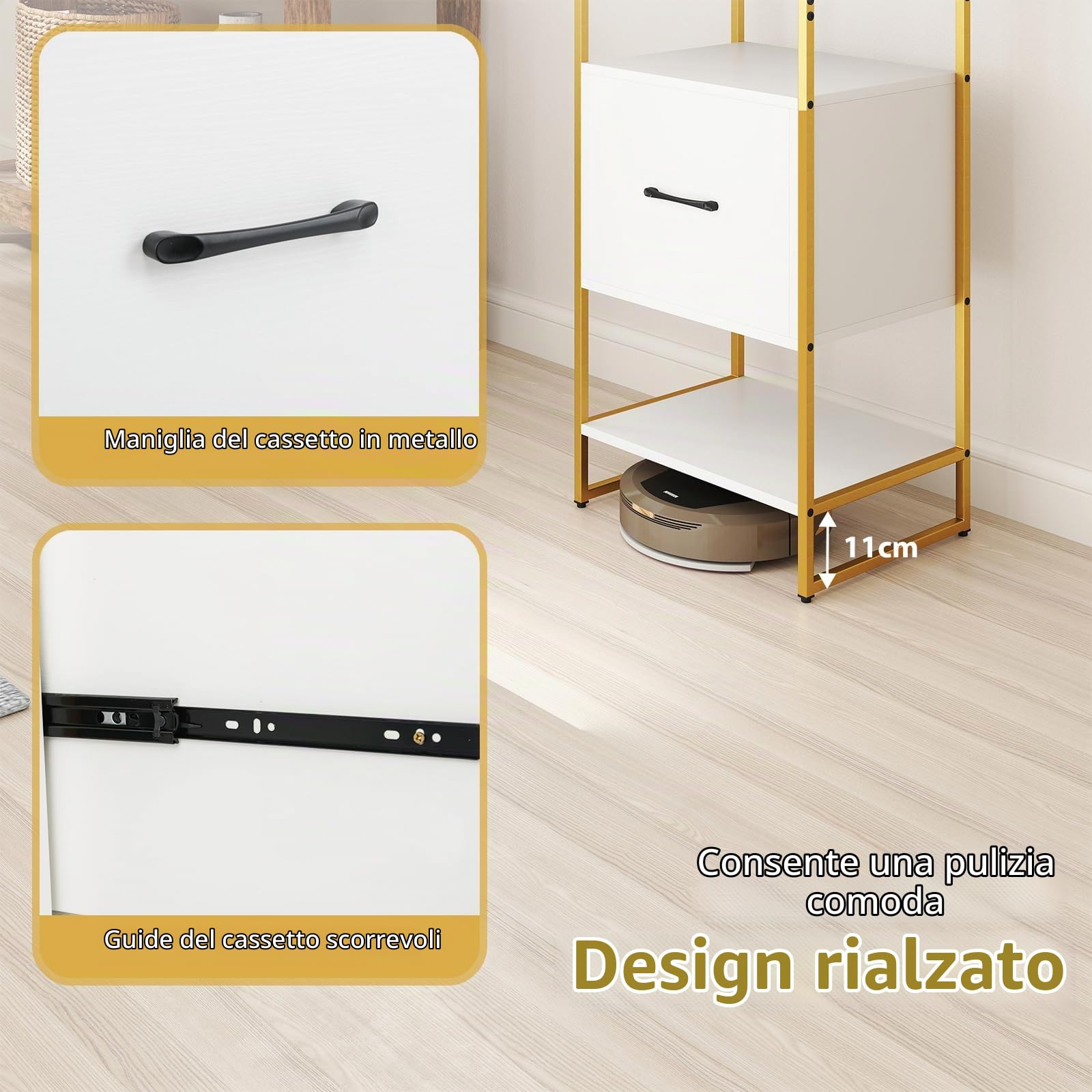 HOMASIS Libreria da Parete a 4 Ripiani e Cassetto, Libreria Verticale a Colonna da Terra in Legno, Struttura in Metallo, Scaffale ad Angolo per Soggiorno, Studio, Cucina, 45 x 35 x 160 cm (Bianco)