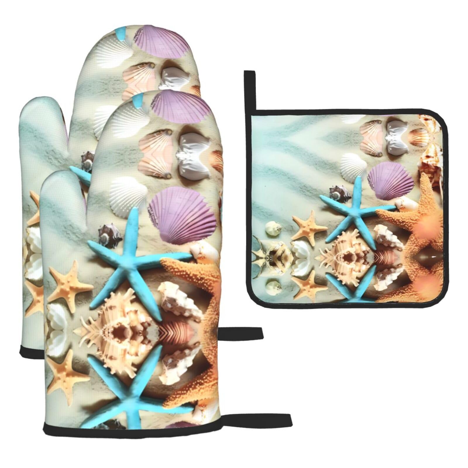 Seashells Starfish Printed Oven Mitt Set 3-Piece | Heat Resistant Gloves & Pot Holder Mat for Cooking, Baking & BBQ