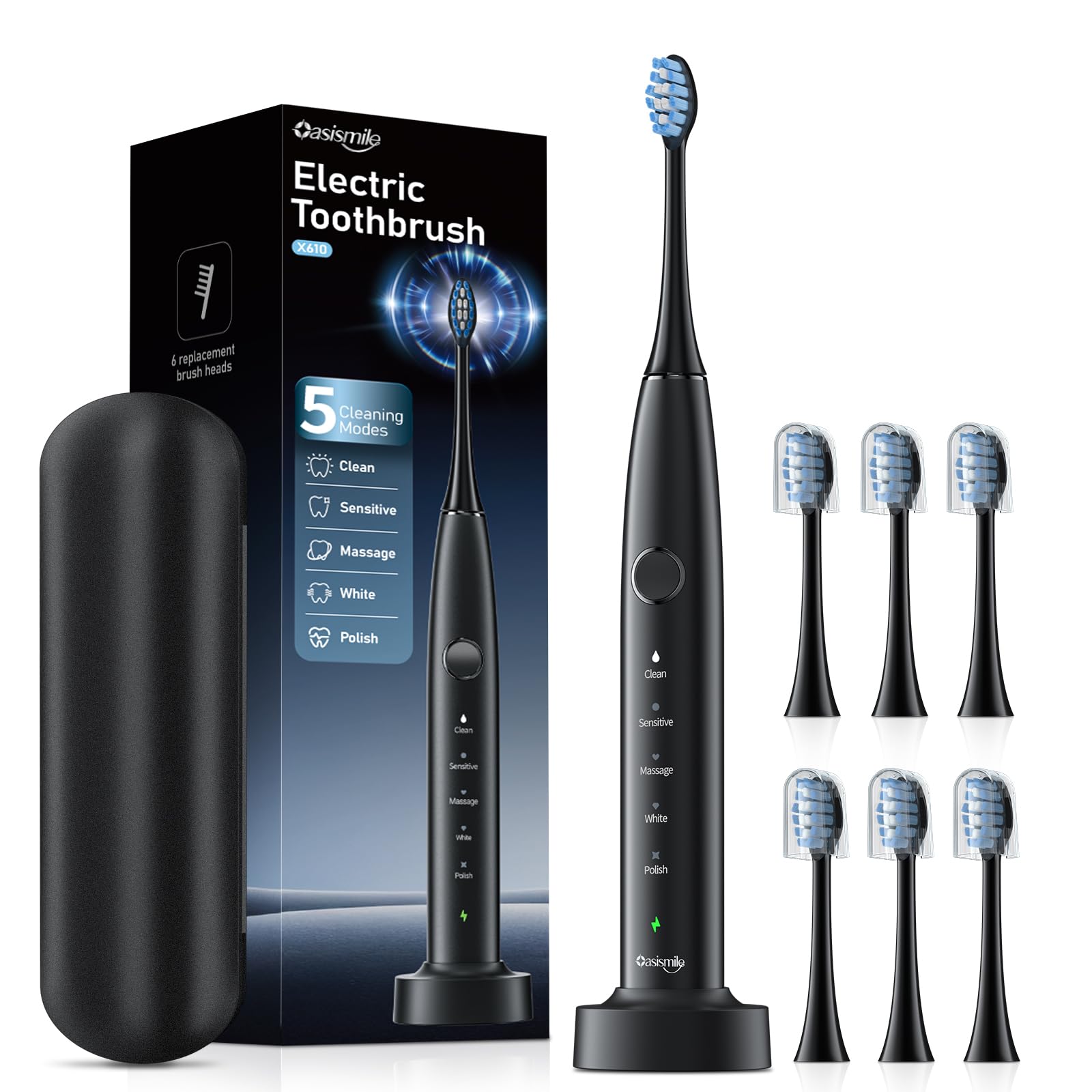 OasiSmile Sonic Brosse à dents électrique 42000 VPM avec 6 têtes de brosse et étui de voyage, 5 modes avec minuterie intelligente intégrée de 2 minutes, chargement sans fil, autonomie de 100 jours