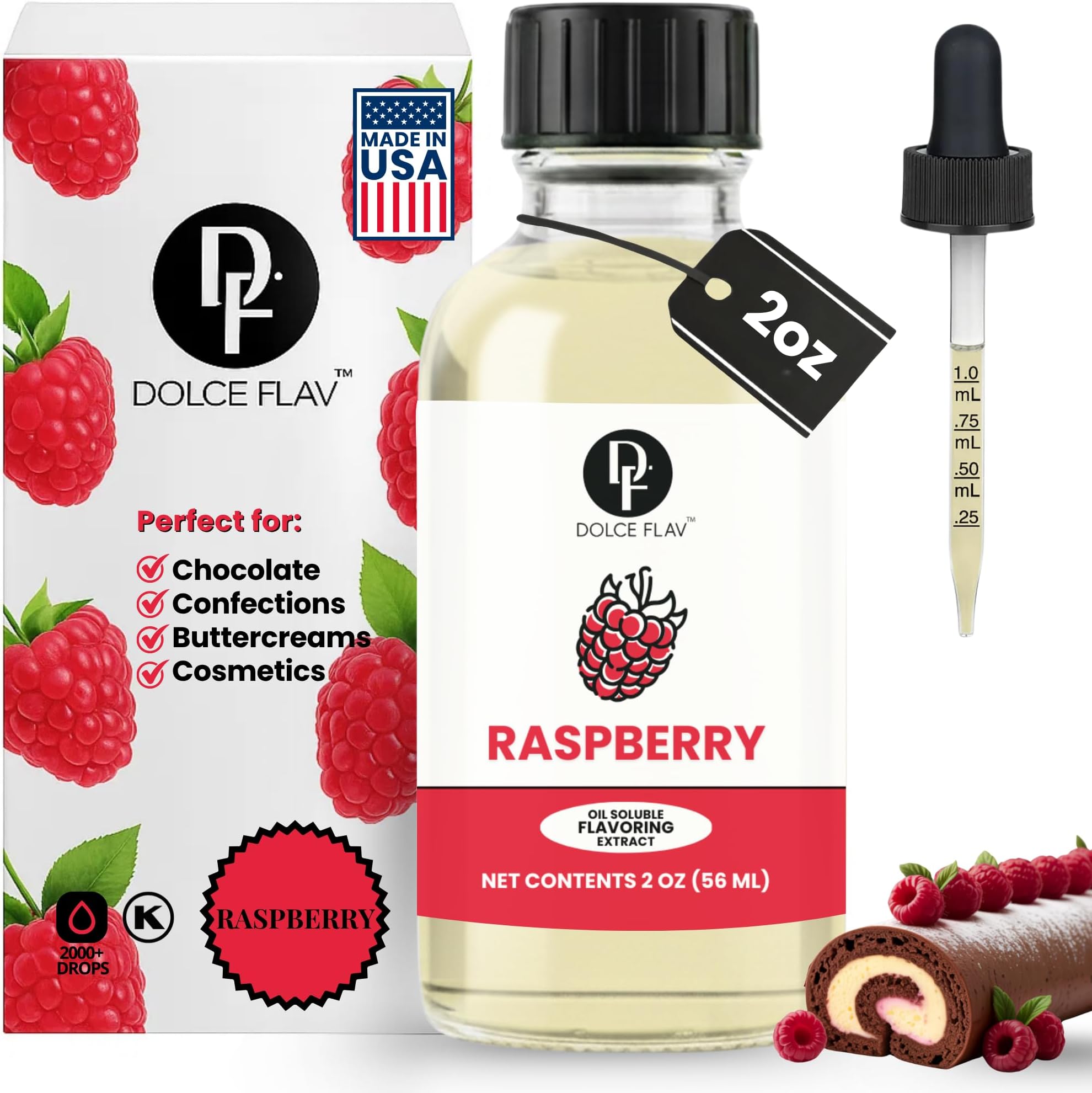 Dolce Flav Raspberry Extract – 2 Ounce Oil-Soluble Kosher, Sugar-Free, Concentrated Raspberry Flavoring for Chocolates, Candies & Baking, Includes Measured Dropper