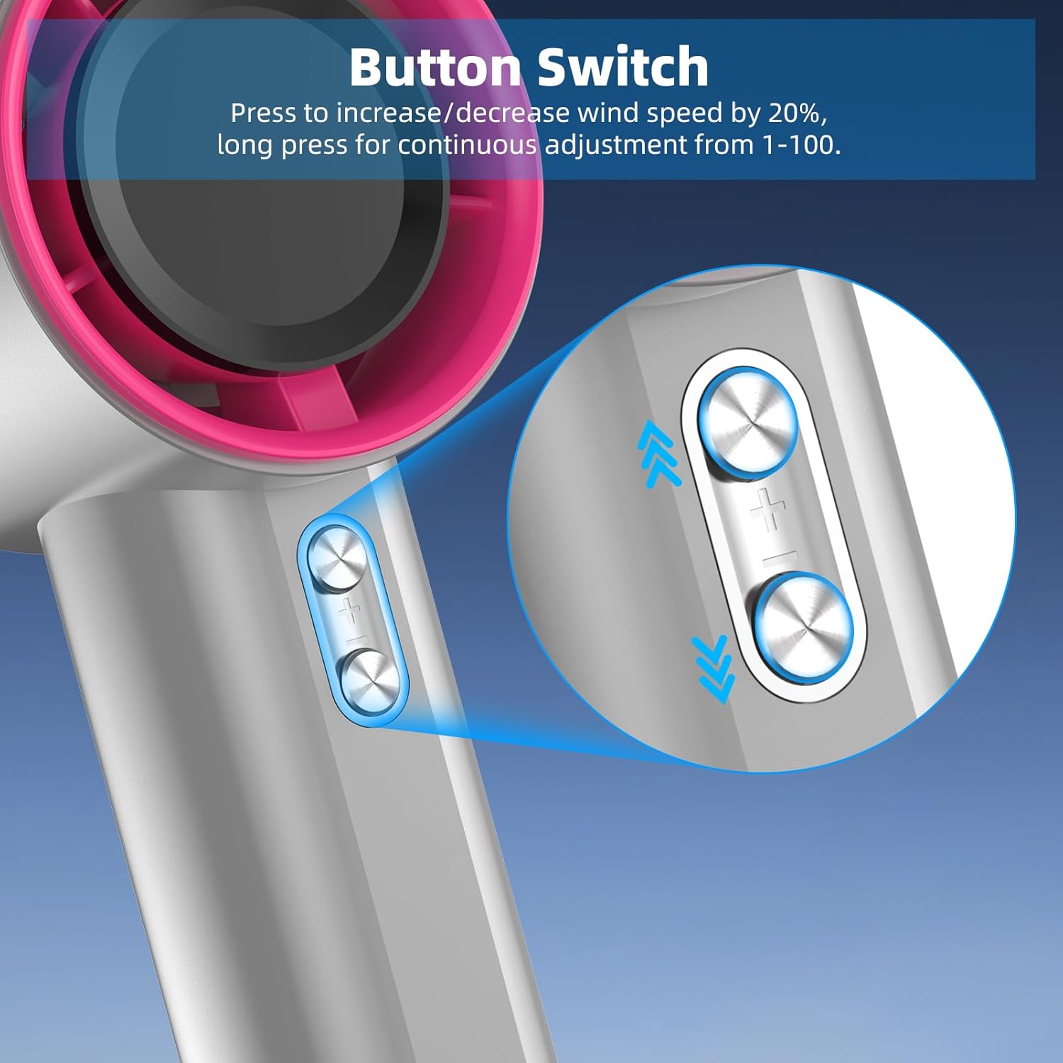 Close-up of the fan's button switch for speed control
