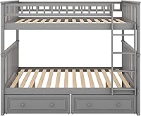 Vista 153 de Harper & Bright Designs Litera de tamaño matrimonial sobre matrimonial con 3 cajones, litera de madera maciza con almacenamiento y riel