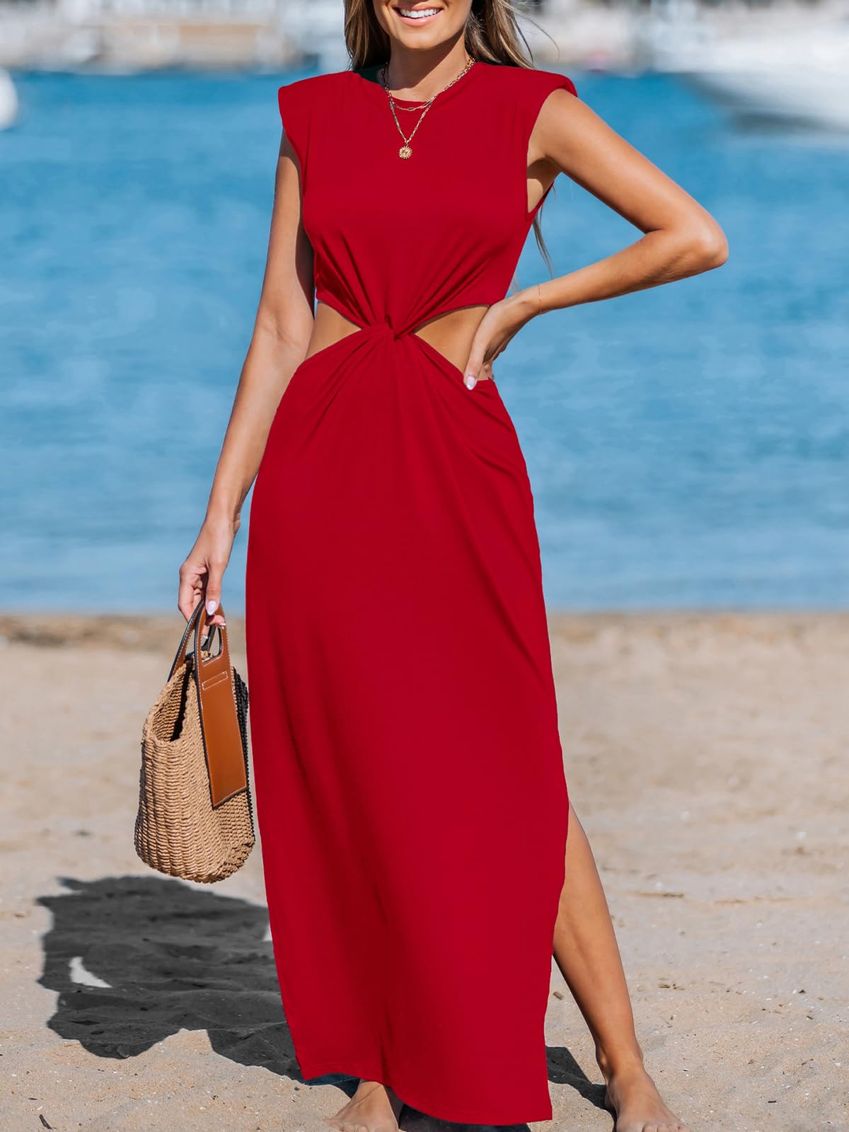 CUPSHE Robe longue d'été sans manches avec fente latérale et épaules rembourrées pour femme