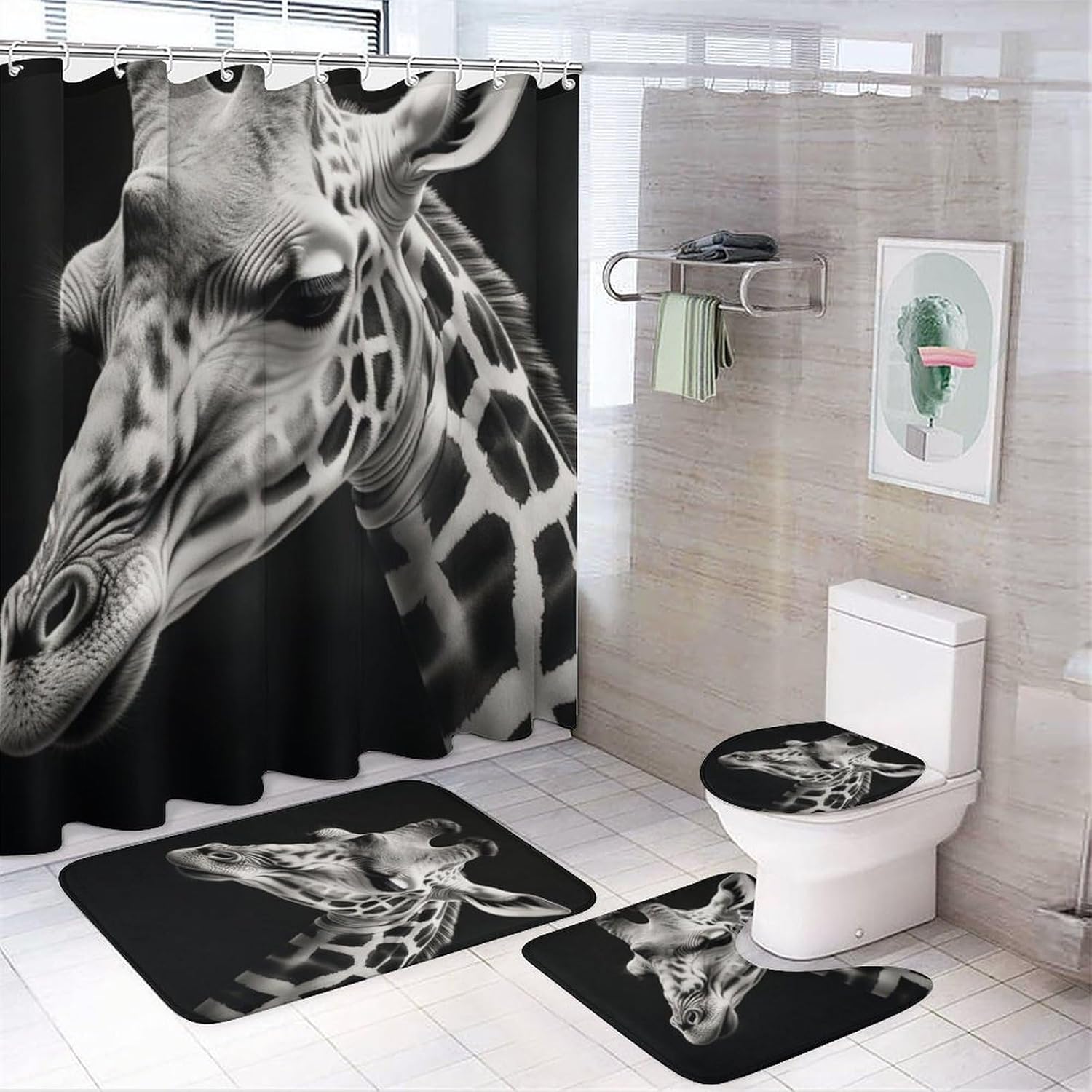 Rustic Giraffe Shower Curtain Set for Bathroom, 4Pcs Vintage Deer Rustic Animal Wildlife Bathroom Sets with Non Slip Rugs, Toilet Lid Cover, Bath Mat, Shower Curtain, Bathroom Decor