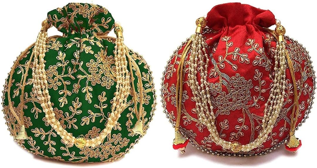 Royal Pouch Rajasthani Style Royal Clutch Silk Batwa Bag Wristlets Ethnic Potli for Womens Zari Work Potli Bridal Potli (Red & Green) (B0D989N5JB) Amazon Price History, Amazon Price Tracker