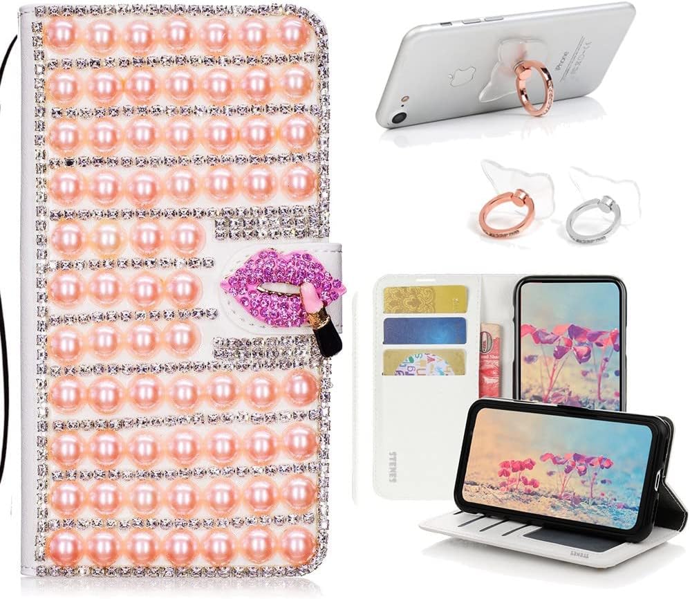 STENES Bling Wallet Phone Case Compatible with LG Velvet 5G Case - Stylish - 3D Handmade Pearl Lattice Sexy Lips Design Leather Cover with Ring Stand Holder [2 Pack] - Pink